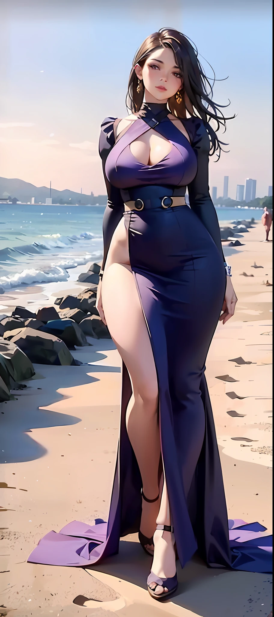 a close up of a woman in a purple dress on a beach, tight dress, thicc, distant full body view, big booty, highly realistic.skinny waist and thick hips, waist - shot, sexy dress, curvy hourglass figure, at a beach, hourglass figure, best quality, full body.
