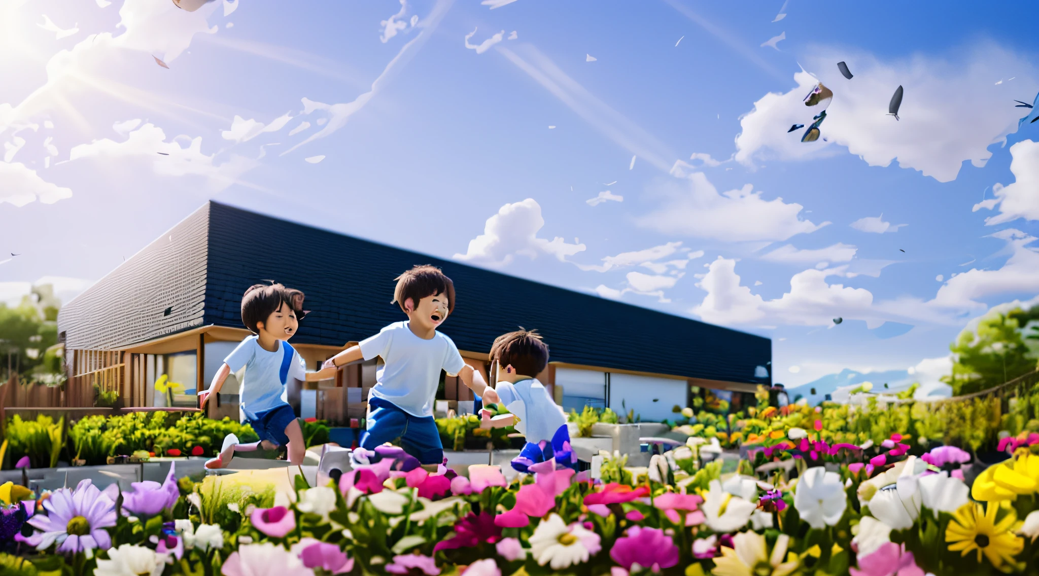 Building with a black roof、A blue sky、Children playing in a garden with flowers、Photoreal、Like the photo、8K、Like reality