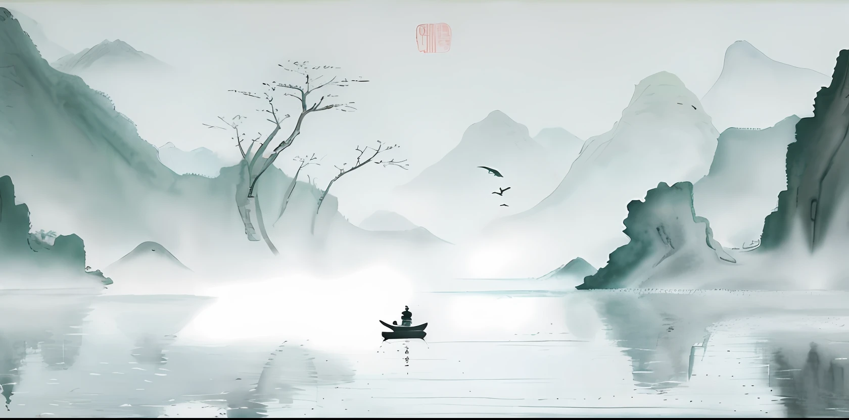 There was a boat floating in the water,Birds fly on it, in a serene landscape, Chinese landscape, Chinese style painting, serene illustration, inspired by Ma Yuan, Chinese painting style, peaceful scenery, chinese watercolor style, author:Xu Xi, serene scene, inspired by Xie Shichen, peaceful scene, author:Qu Leilei, China ink painting, Traditional Chinese Ink Painting