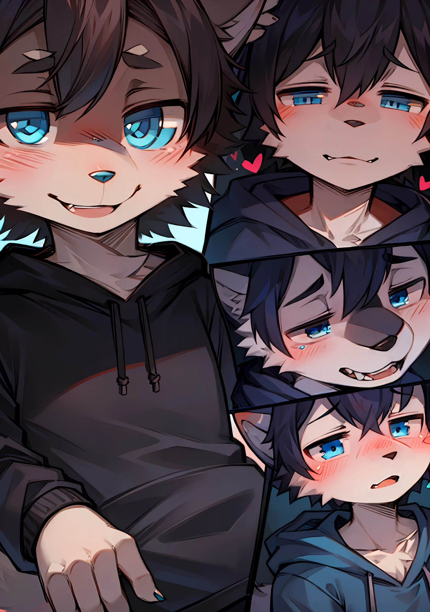 Image description:A furry male wolf wears a hoodie,The mouth smiles,Blue eyes,get blush,The expression is gentle。