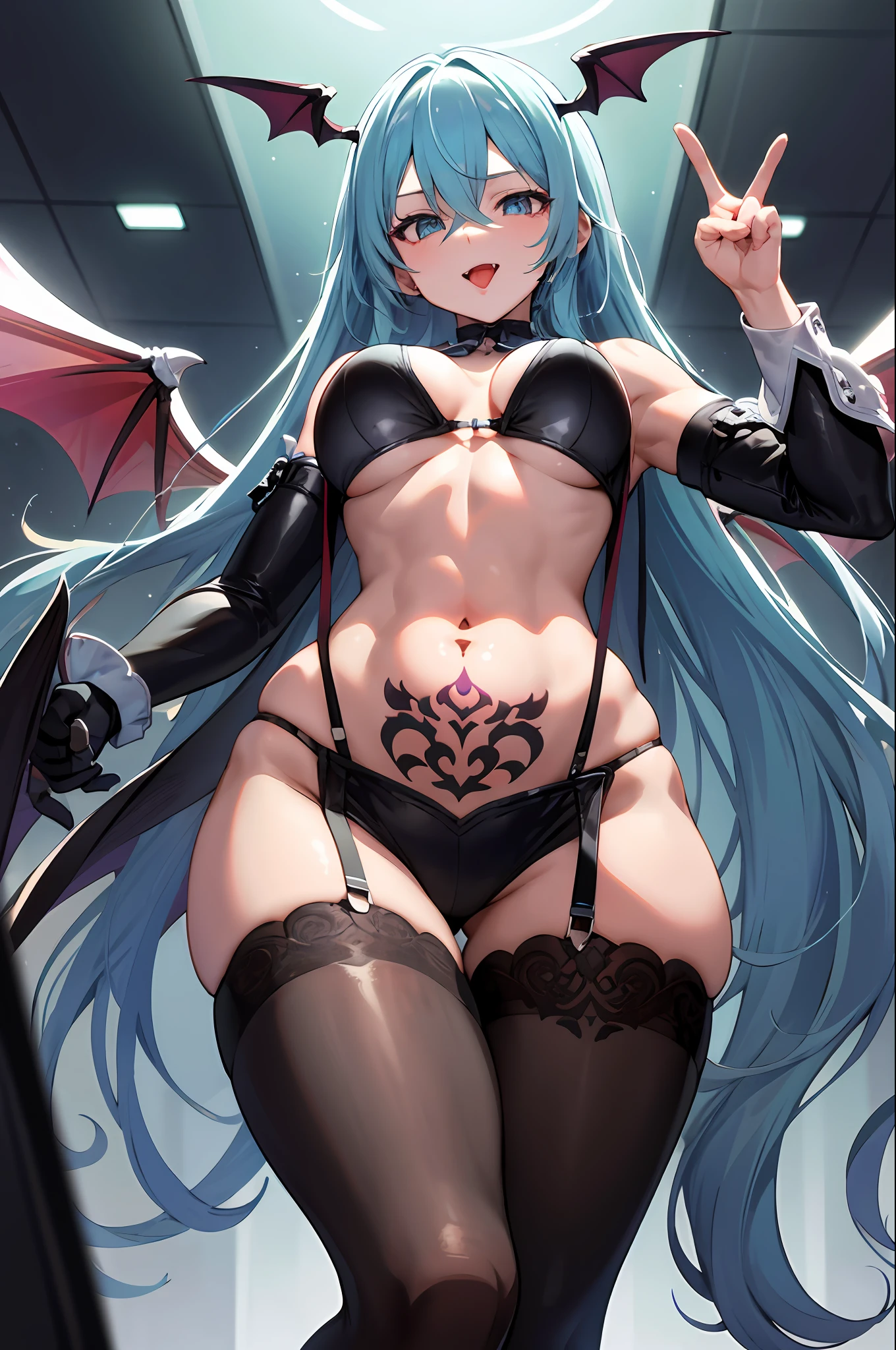 杰作，hight quality，1Women，a mature female，（hair between eyes），lightblue hair，bobhair，Hair strands，（00BFFE sprite scissors），unexpressive，apathetic，pov from below，dynamicpose，Bat wings，exposed skin，Hourglass figure，Rich body，Exposed shoulder，White suspender stockings，sticking out their tongue，Very long tongue，Tongue studs，Scissorhands，Victory gesture，red wine，desks，noble，Abdominal tattoo，