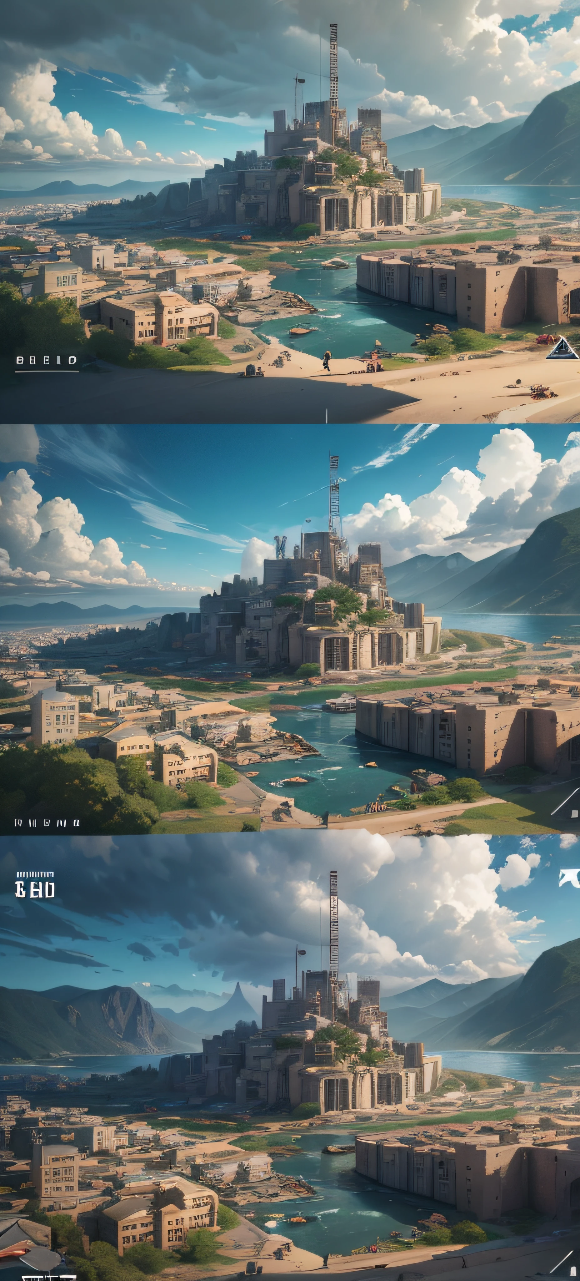 Doomsday construction urban slums，Damage to military outposts,Damaged vehicle，Tin house， gameplay still, warzone background,  gameplay, battleground background, farcry, gameplay video, in-game footage, in - game footage，The cliff overlooks a body of water, , hyperreality, beautiful screenshot, gameplay screenshot, epic matte painting of an island, immensely detailed scene, high quality screenshot, gameplay still, screengrab, game map matte painting, video game screenshot>, gameplay screenshot, beautiful high resolution