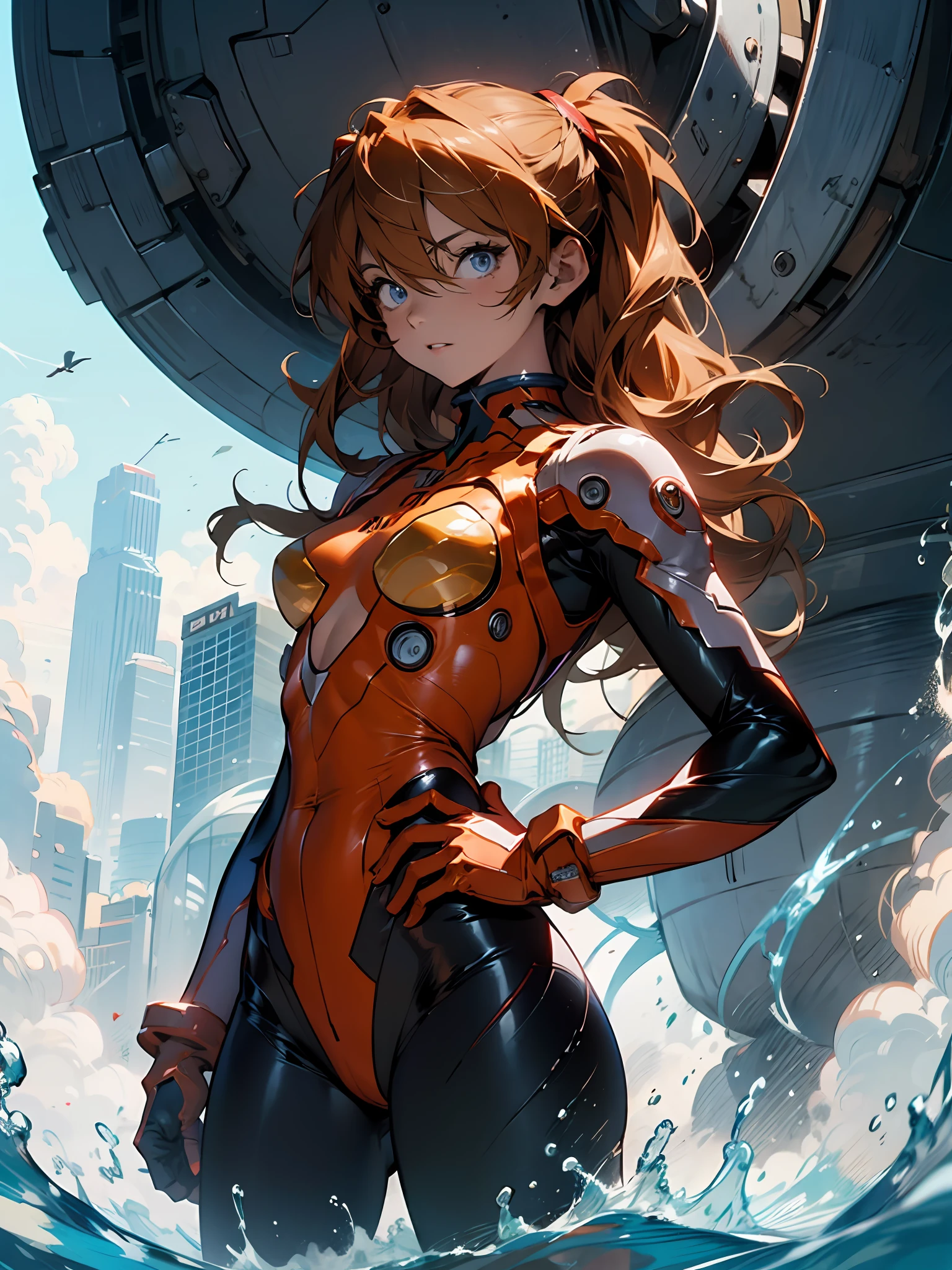 Asuka Langley Soryu，Blue eyes，hair between eyes，headware，Interface headset，Orange hair，battle costume，action pose，Thick coating，album artwork，Storytelling images