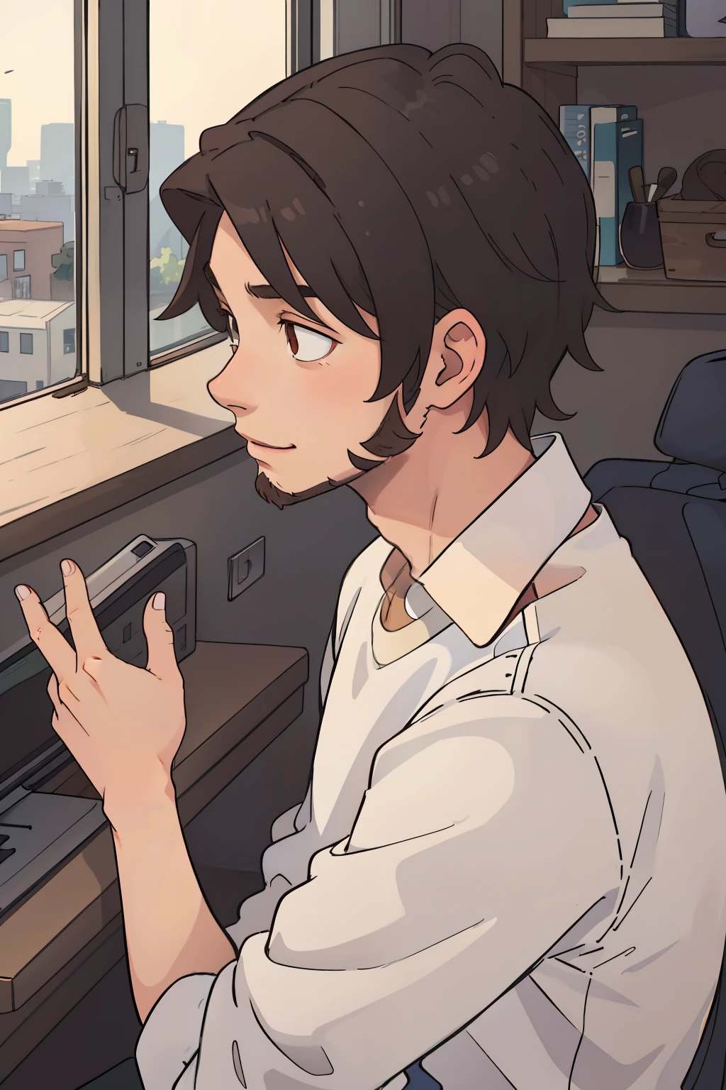 A young man of 19 years old, with medium-length brown hair, brown eyes, angular jaw, short shaven beard, tall and lean body, cute and innocent look, adorable face and serious subtle smile, wearing a casual white shirt.