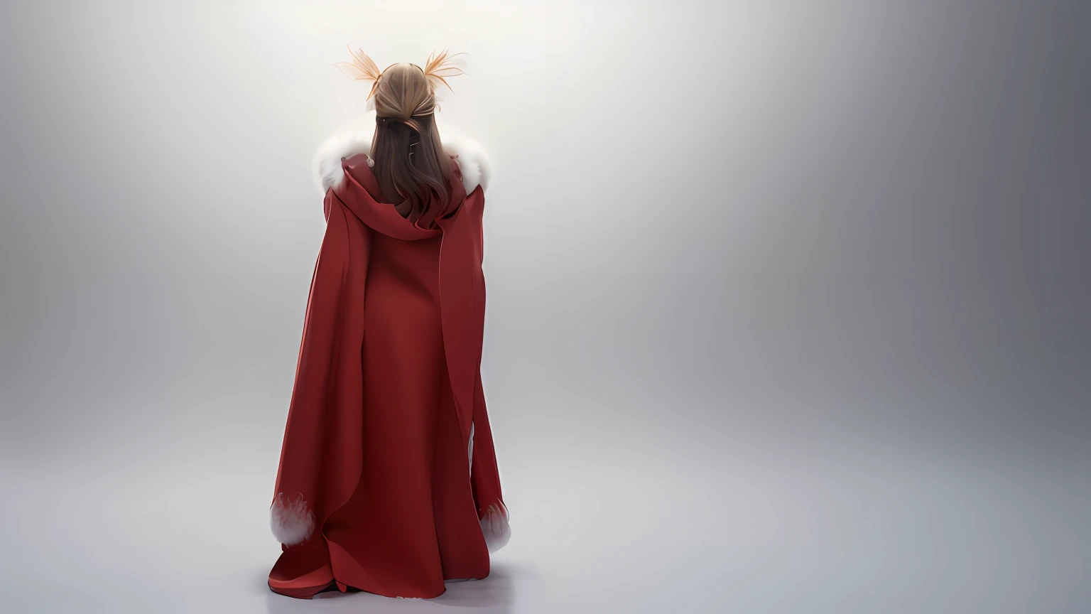 a beautiful  woman，Brown hair，gold hairband，White feathers in her hair, Wearing a luxurious red cape, wearing cloak, flowing hair and long robes,   The cloak is wrapped in white fur，