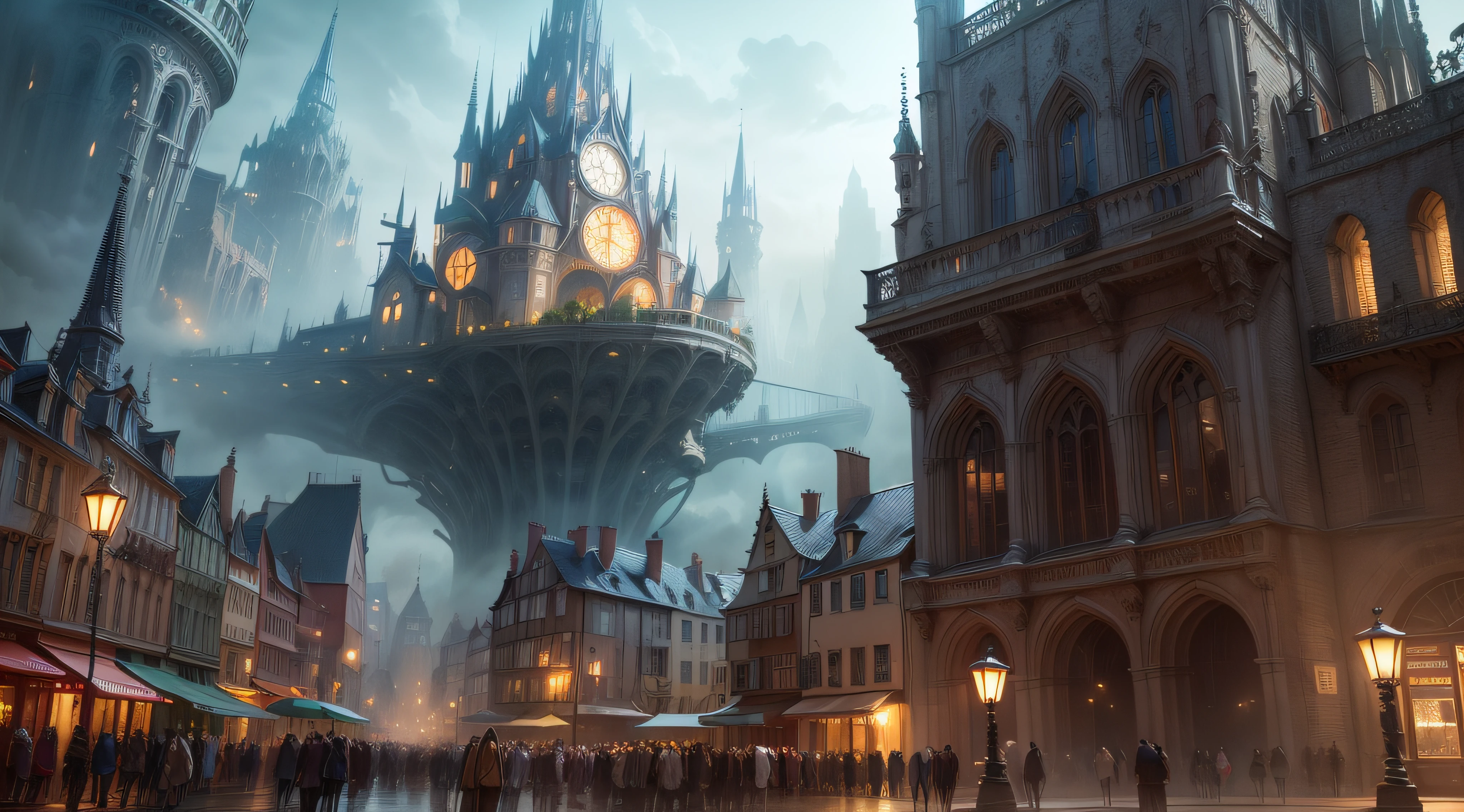 jiji,Bustling crowds,Streets,((chic), Best Picture Quality, Visual spectacle, Magical atmosphere, (FANTASY CITY OR QUIET MAGIC CITY), Summary of details, Immersive, (SPECIAL EFFECT LIGHTING OR LIVE LIGHTING)),middle ages,Europeans,Gothic architecture,Realistic light and shadow,high resolusion,Ultra detailded,Realistic texture,Bold textures,Crazy textures,