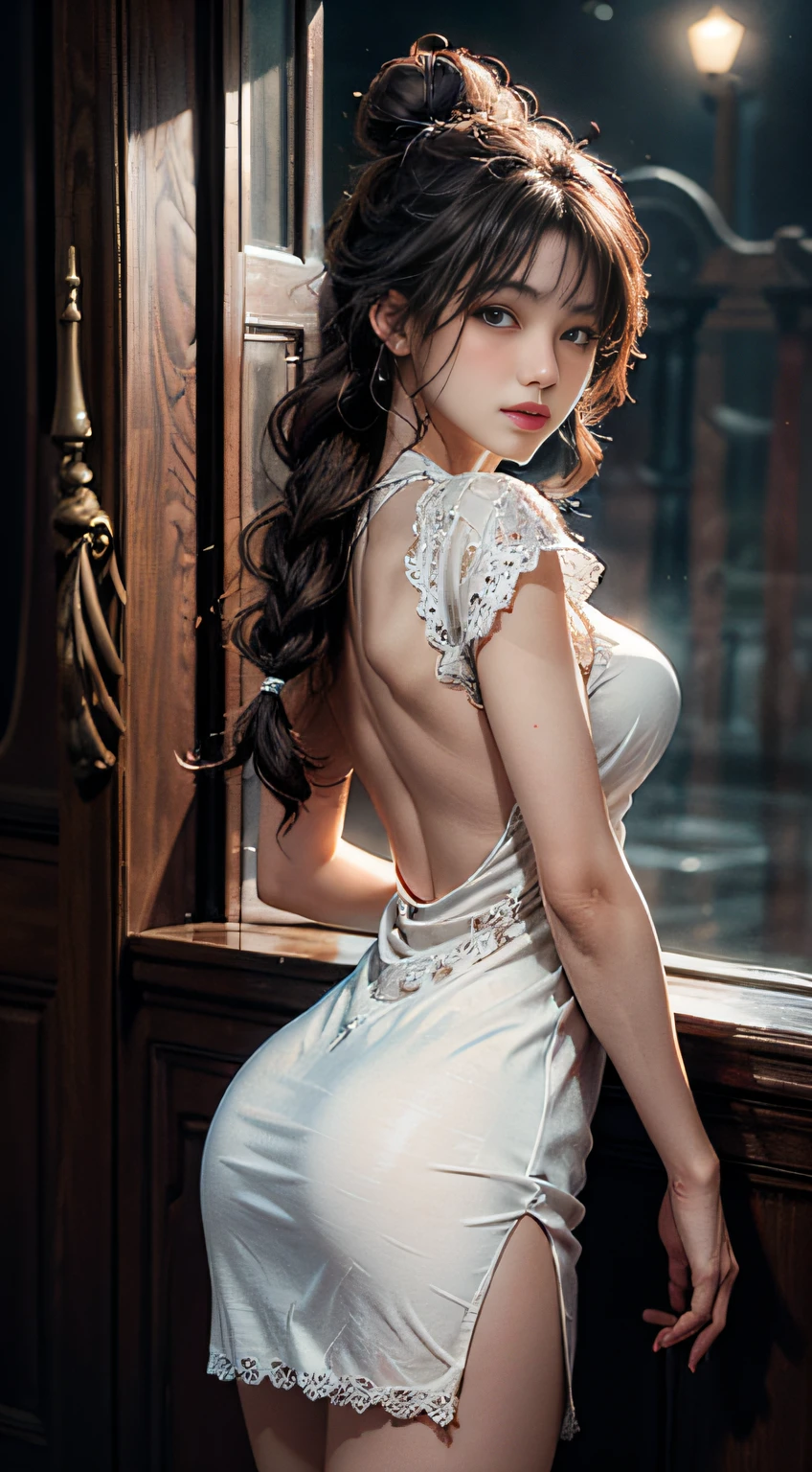 Art is、Decorated with intricate patterns and bright colors,、Traditional oriental gown with flowing silk、It depicts an attractive woman dressed in white silk。Her dress draped elegantly over her curvaceous figure、Highlights her seductive silhouette。(Complex large white embroidered dress in the cleavage of the dress)、(The chest is used a lot of lace)、She stands gracefully in a quiet moonlit night、I was bathed in the soft light of the moonlight.。The scene is、With a mysterious and sexy touch、It exudes an ethereal dreamy atmosphere。Graphic style is、Blending watercolor and digital illustration techniques、It evokes a refined beauty and charm。The lights are filled with soft moonlight、Casting soft highlights and shadows on her charming features。(Bare thighs)、Wearing a tight translucent short dress、a large breast、Three-dimensional facial features、standing a、Upturned legs、4k、8k、Raw photography、beste Quality、(curly hair in black and long braids、Bun1)、highly resolution、High-quality photos、intricate、(Breast exposure、Cleavage small breasts)、Pensive expression、Melancholy、(Wearing a white and ultra-short dress、Slit to the side)、Wearing white stockings、(back shots、view from back、Full view of pants)、