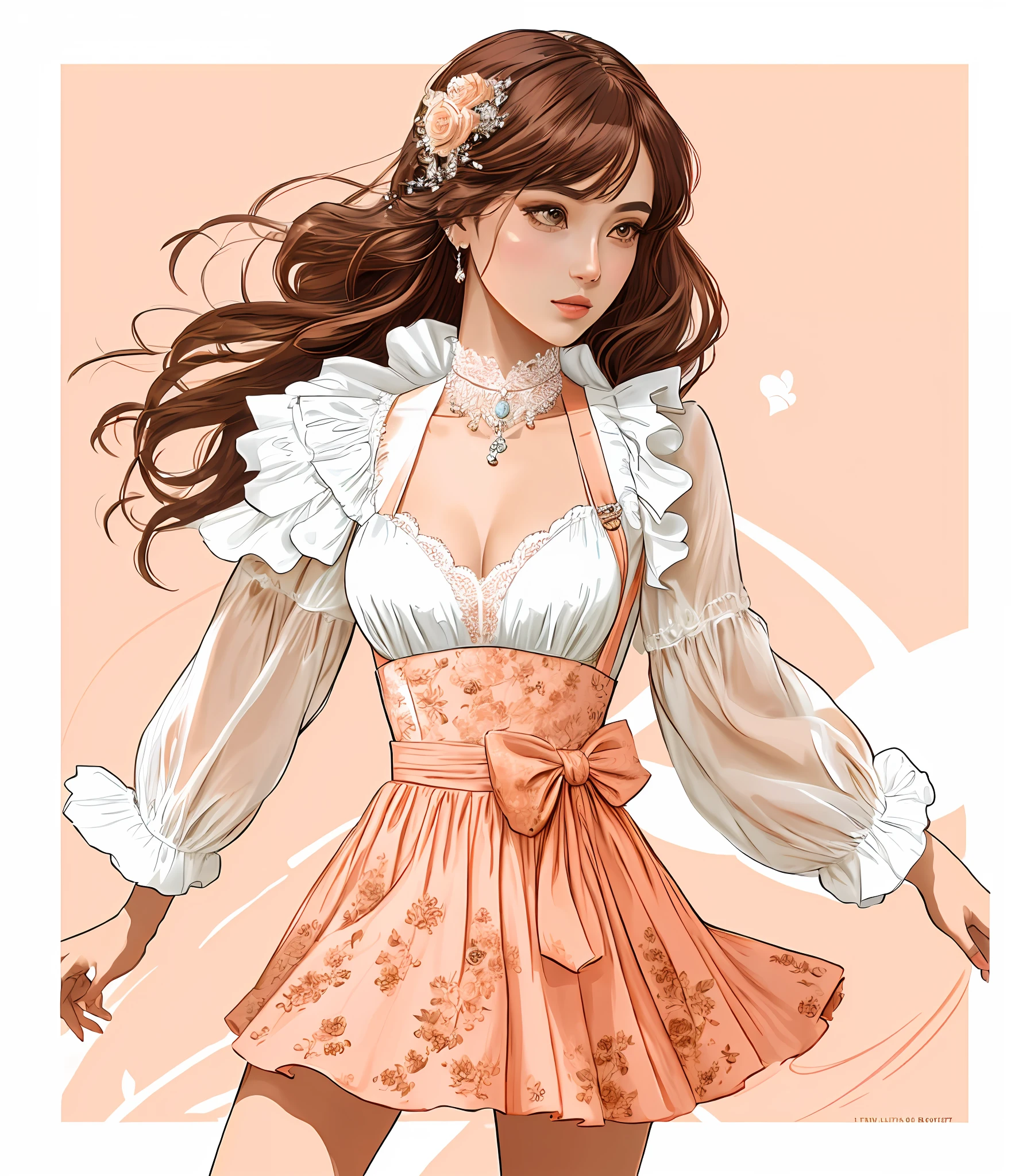 um close up de uma mulher em um vestido e uma bolsa, in style of digital illustration, trending on artstration, detailed fashion illustration, Cartoon style illustration, luxury fashion illustration, illustration style, No Bowater Art Style, estilo de arte impressionante, exquisite digital illustration, Estilo de desenho bonito, mulher bonito, in shades of peach, arte digital de um elegante