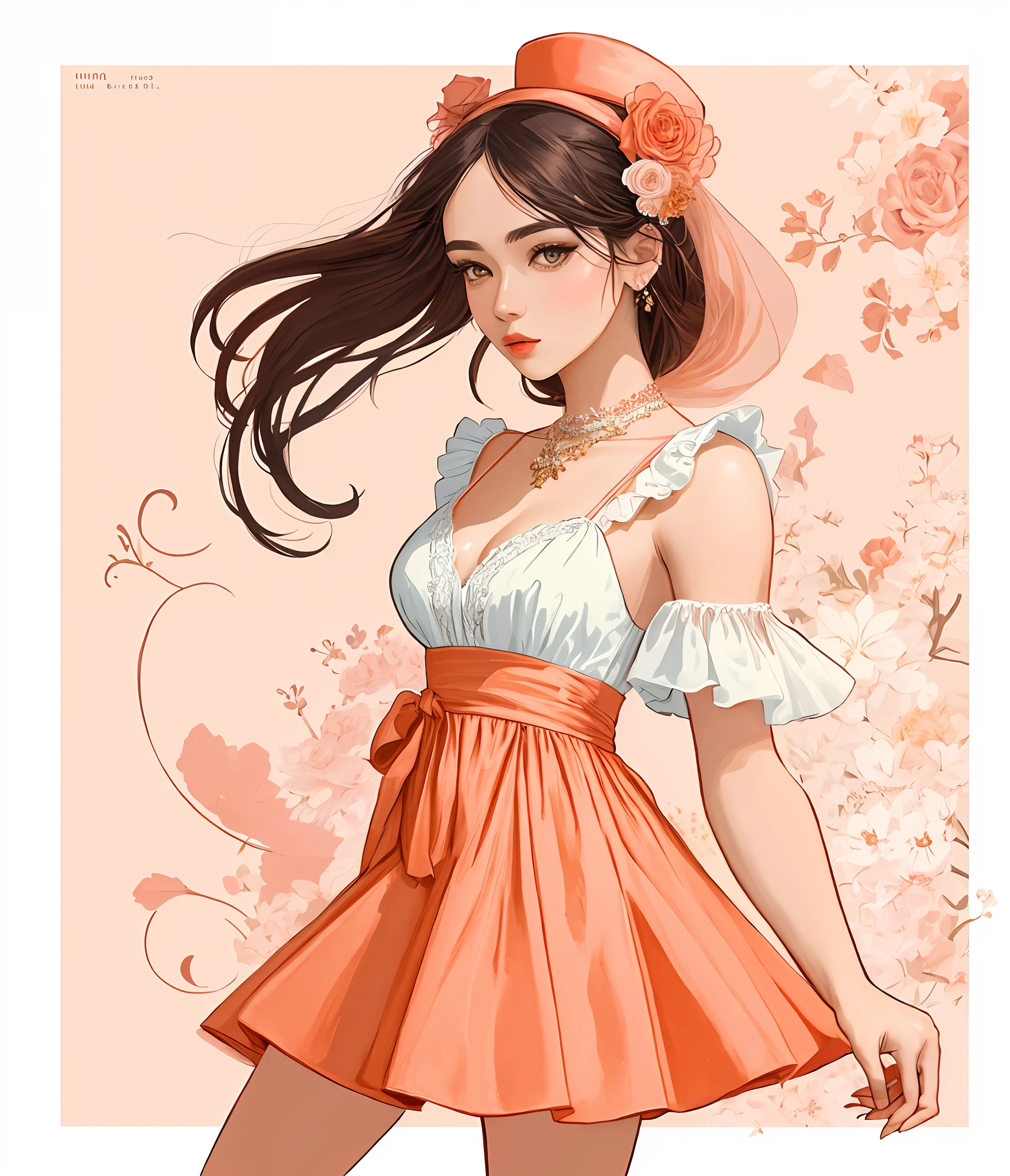 um close up de uma mulher em um vestido e uma bolsa, in style of digital illustration, trending on artstration, detailed fashion illustration, Cartoon style illustration, luxury fashion illustration, illustration style, No Bowater Art Style, estilo de arte impressionante, exquisite digital illustration, Estilo de desenho bonito, mulher bonito, in shades of peach, arte digital de um elegante