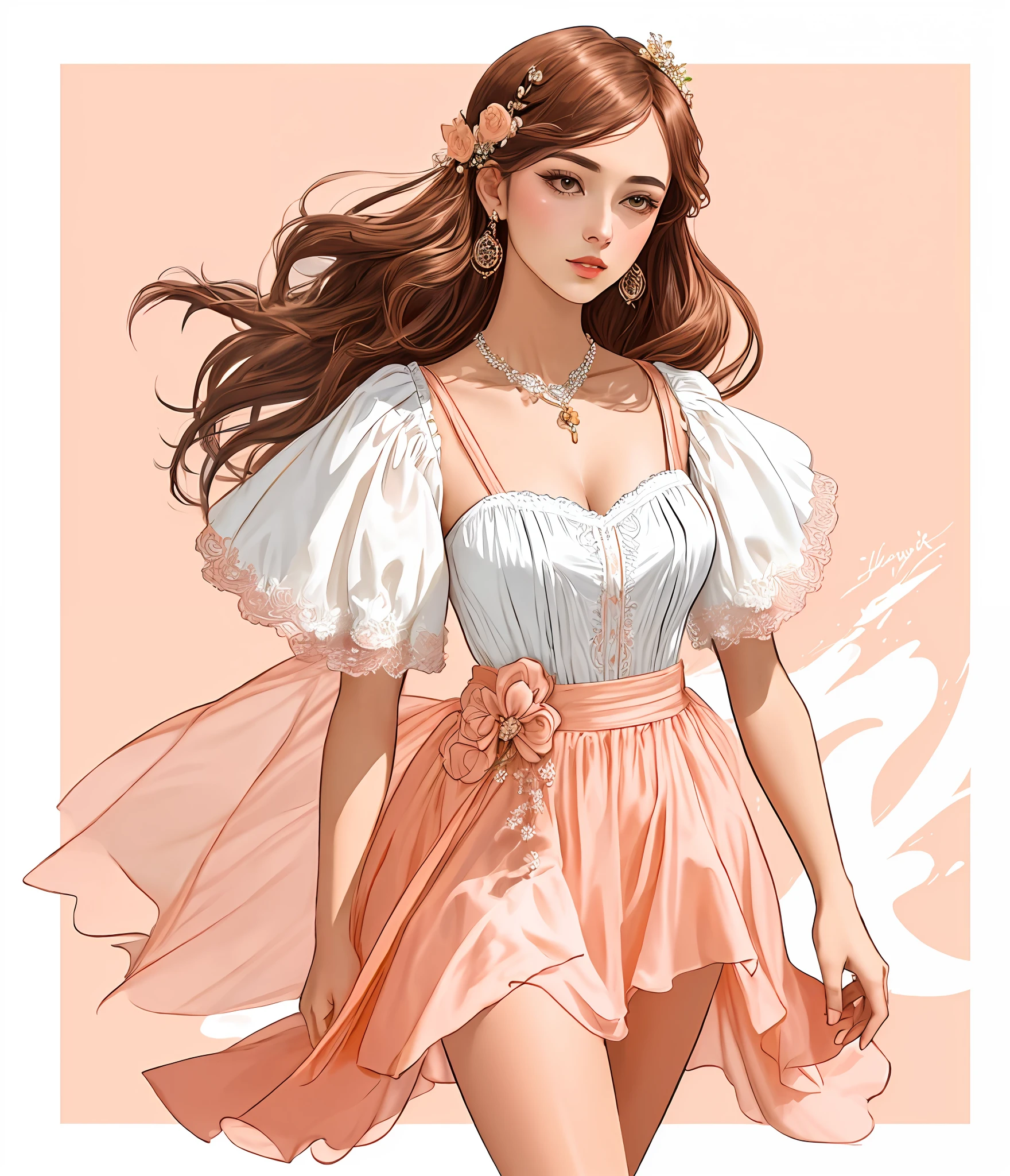 um close up de uma mulher em um vestido e uma bolsa, in style of digital illustration, trending on artstration, detailed fashion illustration, Cartoon style illustration, luxury fashion illustration, illustration style, No Bowater Art Style, estilo de arte impressionante, exquisite digital illustration, Estilo de desenho bonito, mulher bonito, in shades of peach, arte digital de um elegante