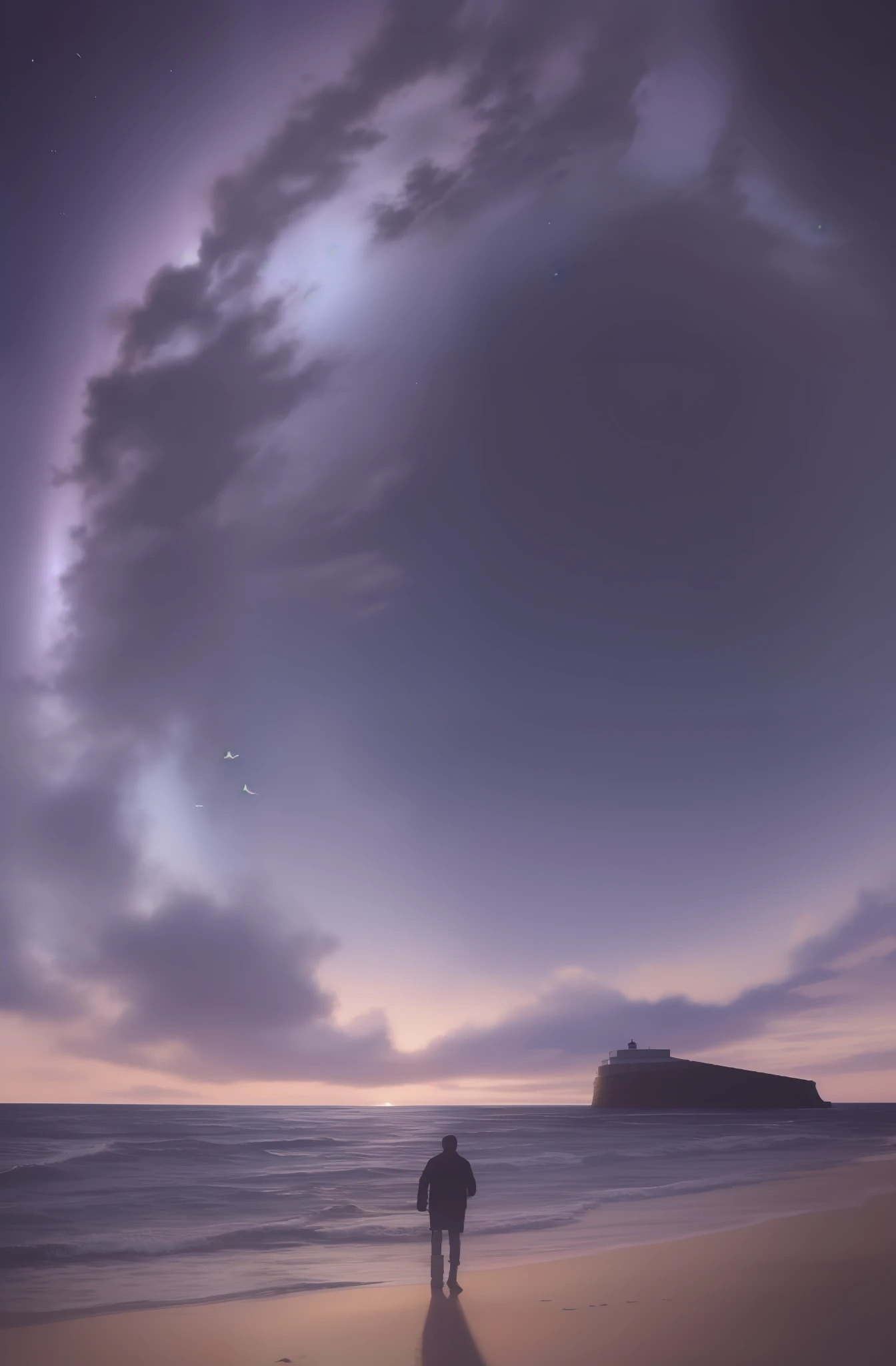 Deep blue sky,Purple clouds,Blue sea,Boat,sandbeach,lighthouse