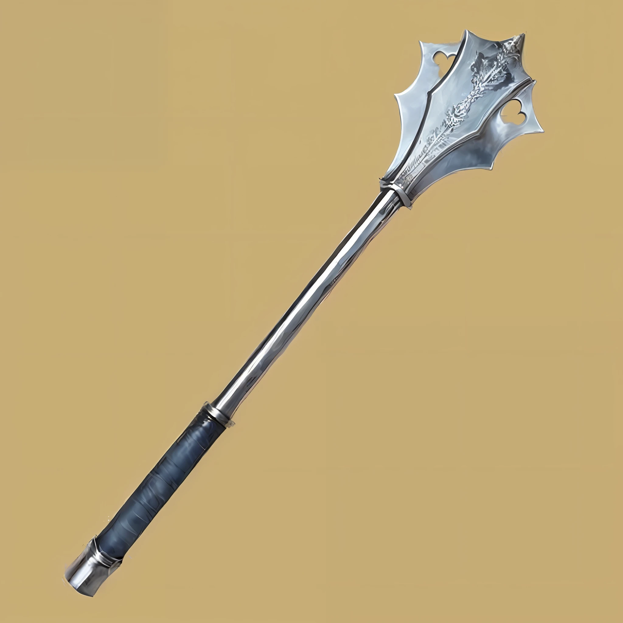 A close-up of a metal and black sword，There is a star on it, medievil spear, realistic lance, intricate fantasy spear, POLEARM, Rod arm glaive, fantasy weapon, dwarven weapon, draconic staff, halberd, battleaxe, metallic scepter, medieval weapon, holstering sword, metal dragon tail, ，Radiates light，Golden flame，The background is shattered like glass