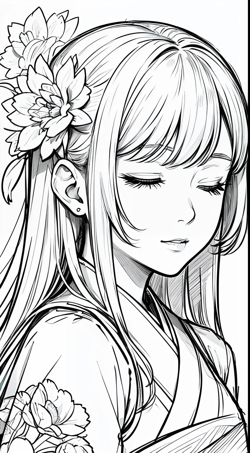 masterpiece, acura, doll, solo, hanfu, long hair, eyes closed, bust closeup, daffodil line drawing background, white background, monochrome, line drawing, ((sketch))