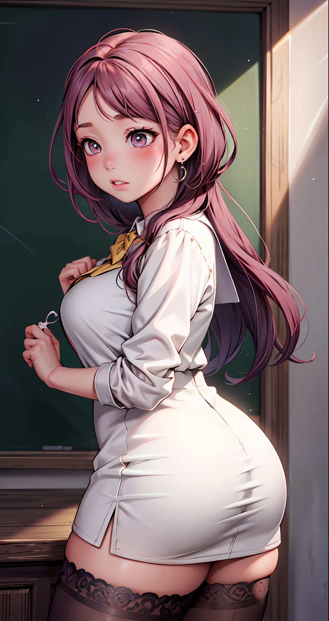 1girls, Female teacher，Delicate and beautiful face, get  blush, Purple pupils，red tinted hair，long haired，Gemstone earrings， Plump chest，Convex buttocks，Black and white shirt，yellow bowtie，red short dress，Black lace stockings，perfectly proportioned, Detailed clothing details, schoolyard，pupils，The sunlight，Cinematic lighting, filmgrain, Fujicolor, light and darkcontrast, 8K, 巨作, Textured skin, Super detail, high detailes, High quality, high resolusion,