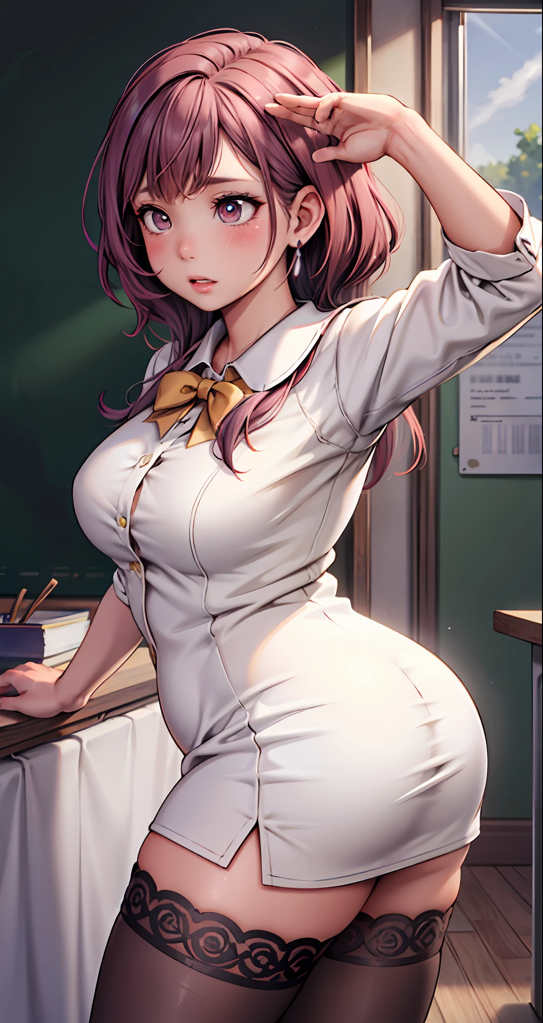 1girls, Female teacher,Delicate and beautiful face, get blush, Purple pupils,red tinted hair,long haired,Gemstone earrings, Plump chest,Convex buttocks,Black and white shirt,yellow bowtie,red short dress,Black lace stockings,perfectly proportioned, Detailed clothing details, schoolyard,pupils,The sunlight,Cinematic lighting, filmgrain, Fujicolor, light and darkcontrast, 8K, 巨作, Textured skin, Super detail, high detailes, High quality, high resolusion,