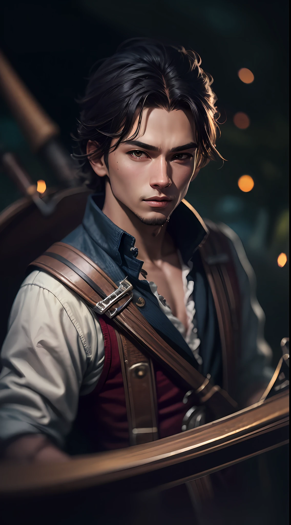 "Hyper-realistic, 品质最佳, 超细节的, CG unity 8k wallpaper, portrait of a beautiful, Young male sailor, On his pirate ship, (machete)."