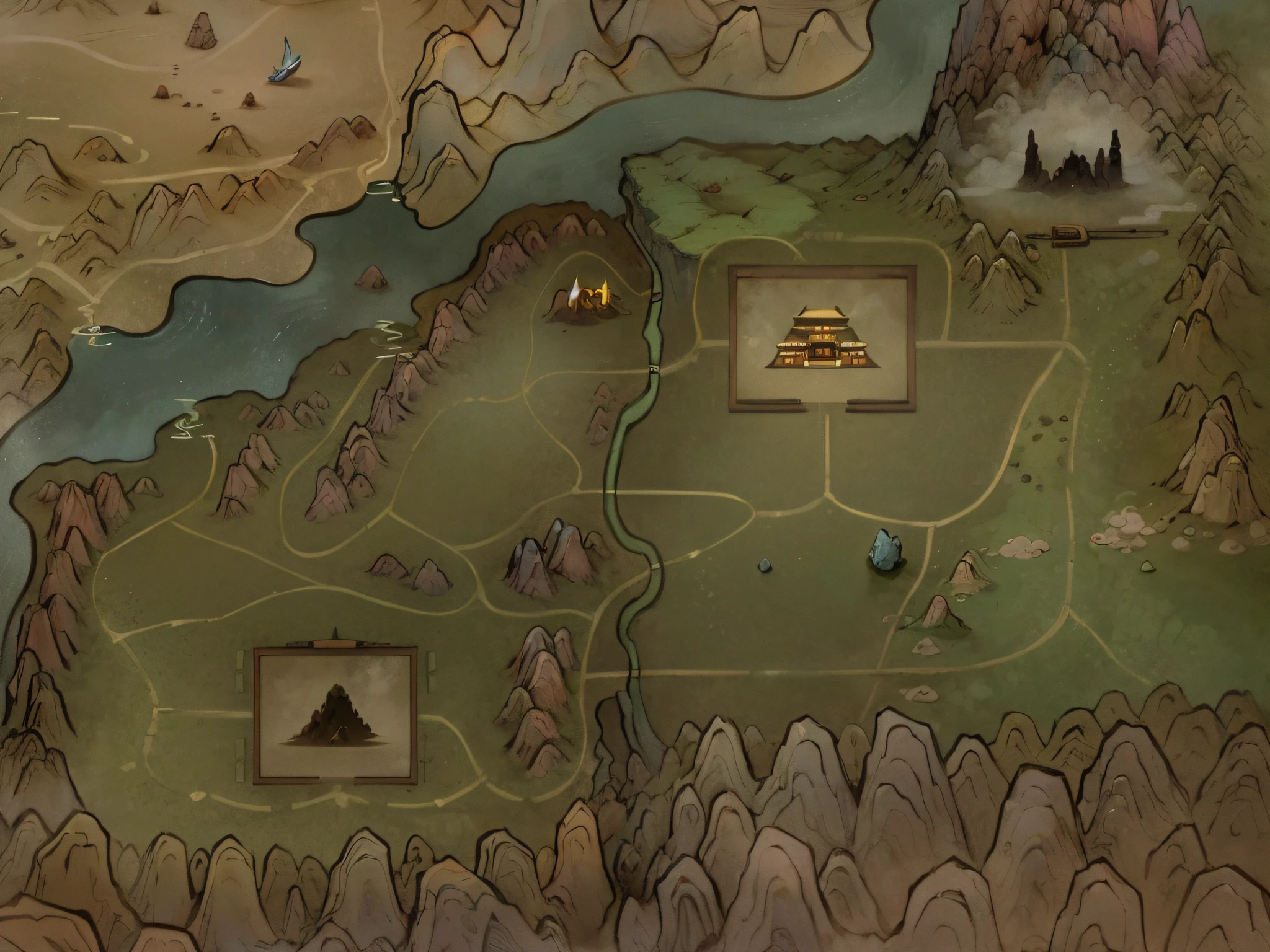 (map), a map of mmorpg game, ((detailed)), ultra realistic 8k cg, hdr, beautiful detailed glow, perfect artwork, , masterpiece, detailed, more colorful, (map), a map of rpg game, detailed, moutains, rivers, auspicious clouds, masterpieces, holding, super detail, epic composition, ultra HD, high quality, extremely detailed, official art, unified 8k wallpaper, Super detail, 32k -- v 6, no sunshine, (straight), ((no squiggles)), more art style, super detailed, high quality moutains, detailed moutains