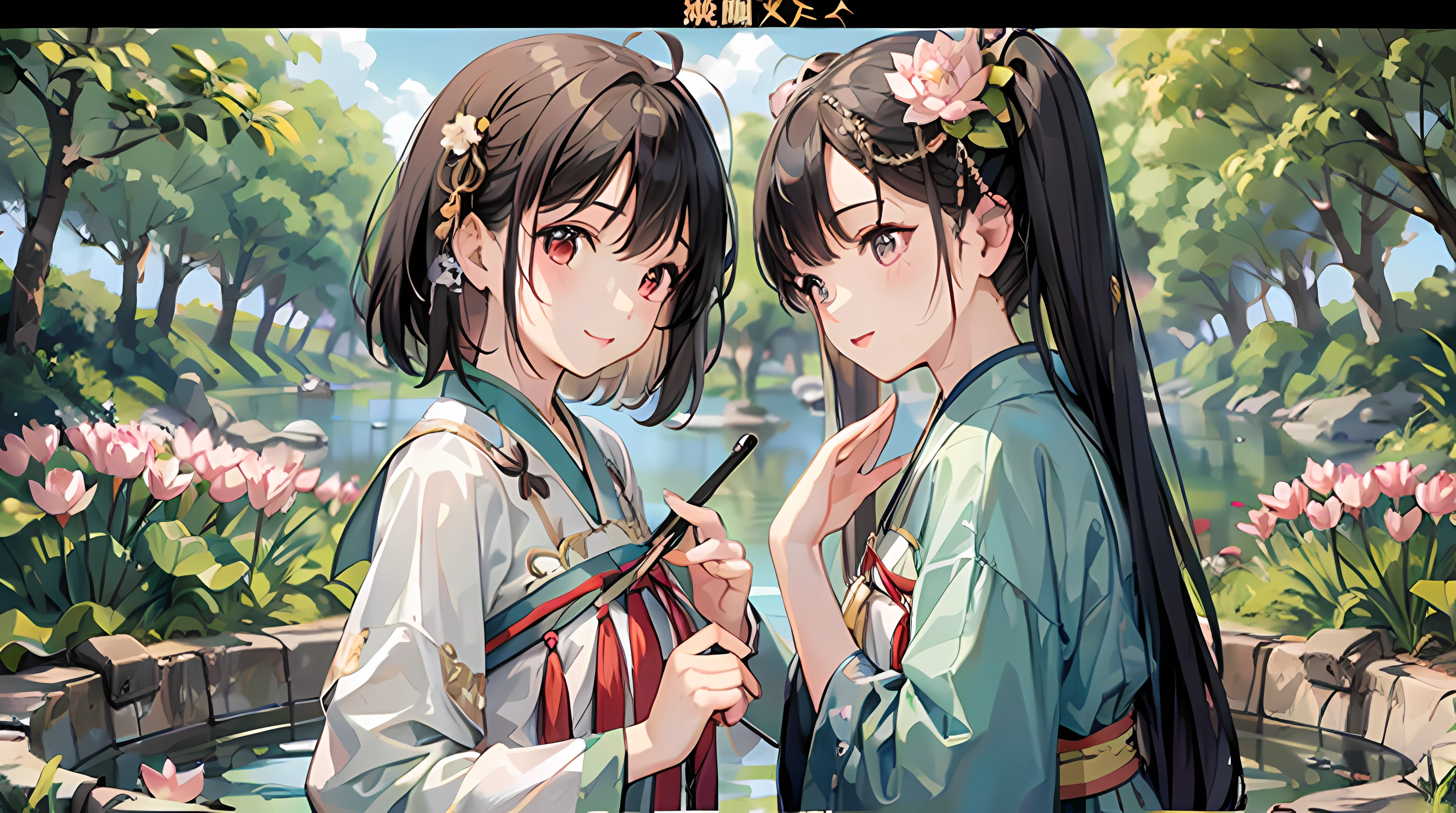 twogirls,Accurate hand description,upper-body,Close up of,Hanfu,The tree,lotus flower,the boat,waters,yama,scenecy,skies,al fresco, 杰作, best qualitiy, 8K, rspective, deep of field, high resolusion, fine detailed, Ultra detailded, Sharp focus,
