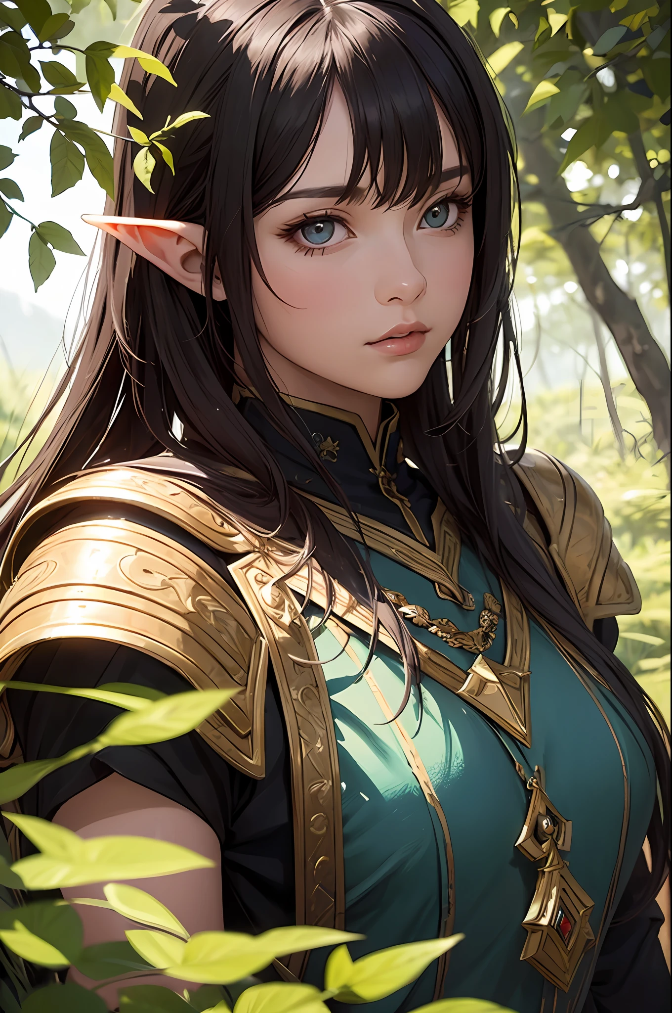 (masterpiece, best quality), a charismatic female elf ranger resting in the woods, detailed ranger armor, forgotton realms, fantasy, bright colors, clean lines, eye-catching composition, photorealistic, excellent lighting, in style of epic oil painting