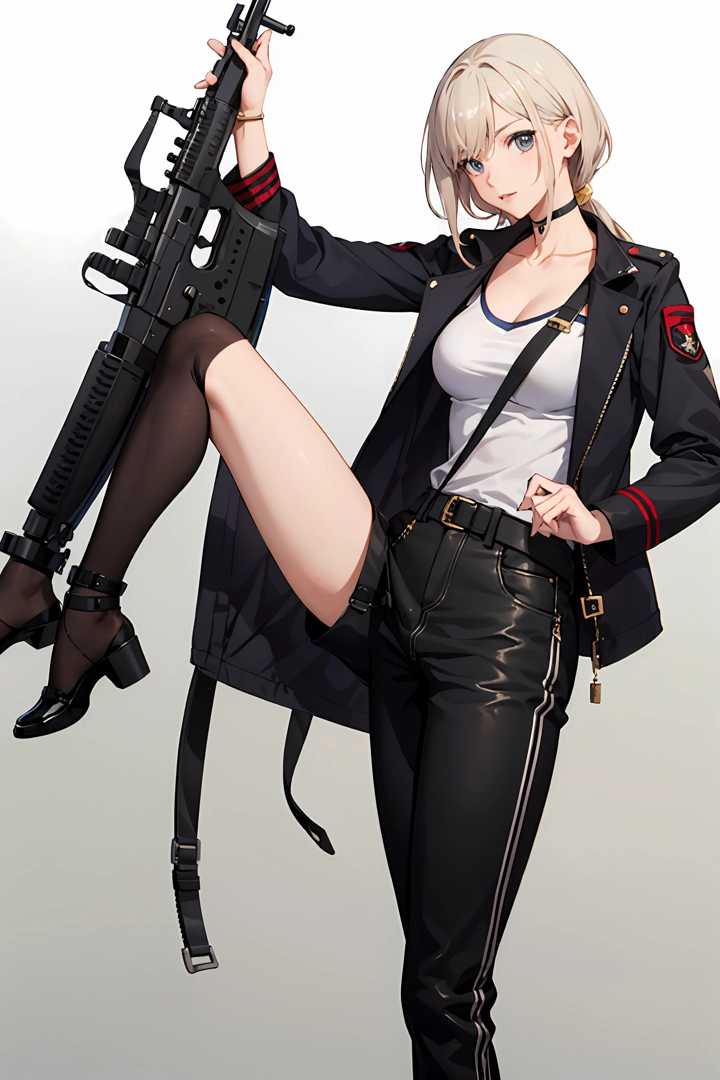 Chica con ropa militar sexy portando un rifle de francotirador estilo anime hiper-realistic