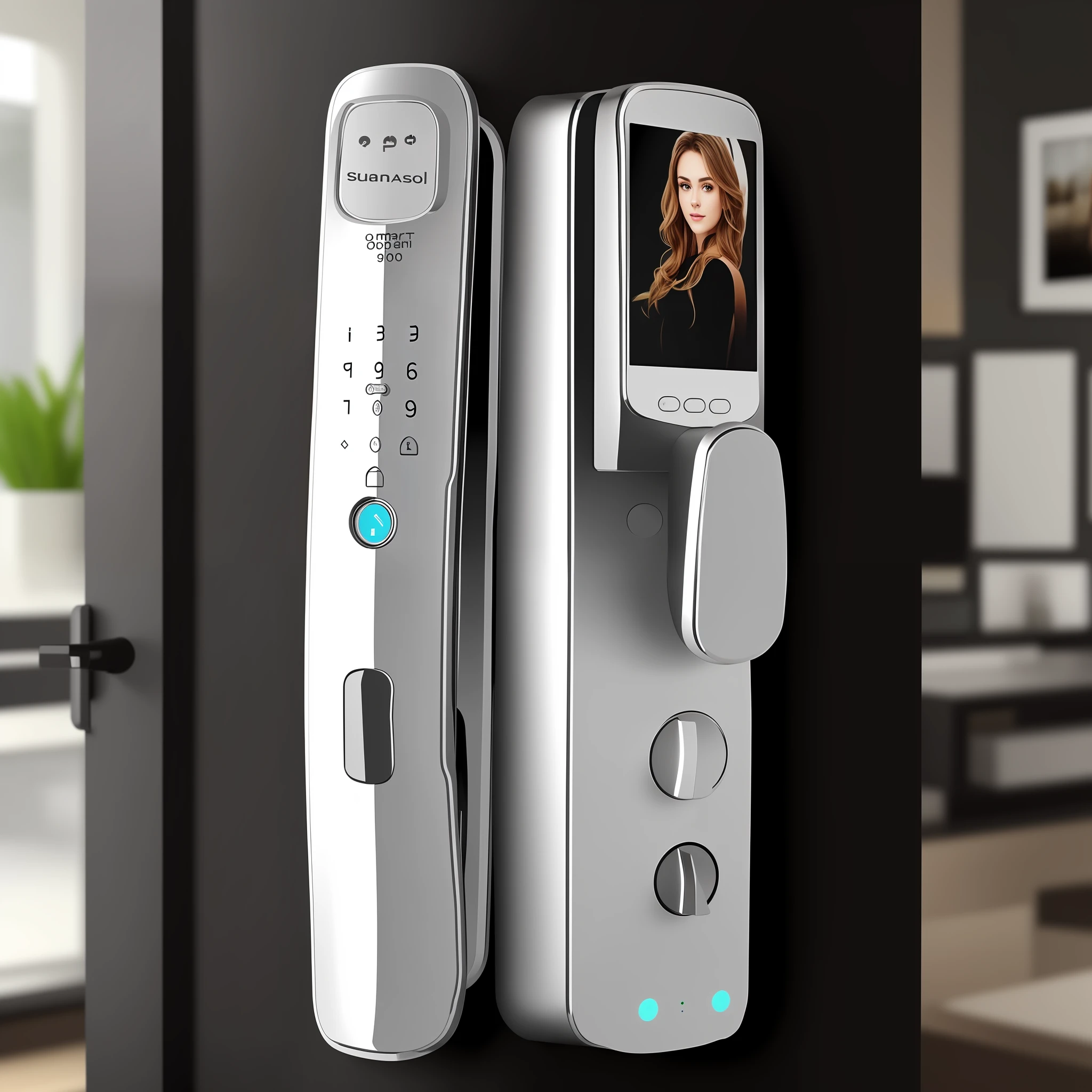 Close up of smart lock，There is a picture of a woman on the screen, Lock, front and back view, t 1 0 0, T100, front and side view, elegant!!,