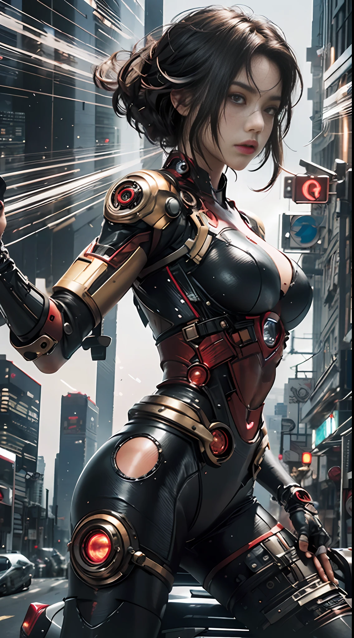 Highest image quality，Outstanding details，The ultra-great resolution，（fidelity：1.4），The best illustration，Favor the details，Close up of，A mech girl，Similar to the female version of Iron Man，He has a delicate and beautiful face，（（Red-black semi-mechanical body：1.8）），（largebreasts：1.5），sexly，Riding on a motorcycle，The cyberpunk，Futuristic，mechanically aesthetic，Complex machinery，The background is a high-tech lighting scene in the future city，Virtual Engine 5，Perfect detail rendering，octane rendered，Ultra HDR