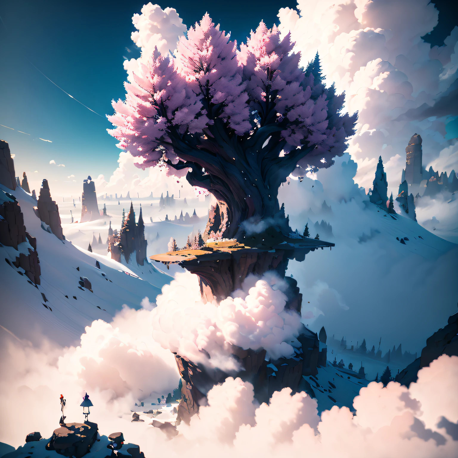 Wonderland，Large purple tree on a cloud，Blizzard，Giant purple-pink tree，The mist was everywhere，电影光感，The perspective is exaggerated，Cobalt blue sky background，（Giant purple-pink tree）Delicate semi-realistic，raytraced，high-definition，Detail portrayal，The texture is delicate，Complex details，The high-contrast，Panorama composition，Perfect light and shadow，unrealengine，CG rendering，The ultra-great resolution，8K HD，（（（杰作））），（（（best qualitiy））（Ultra detailded）（Detailed lighting）（（unexpressive））（杰作）（best qualitiy）（Ultra detailded）（Detailed light）