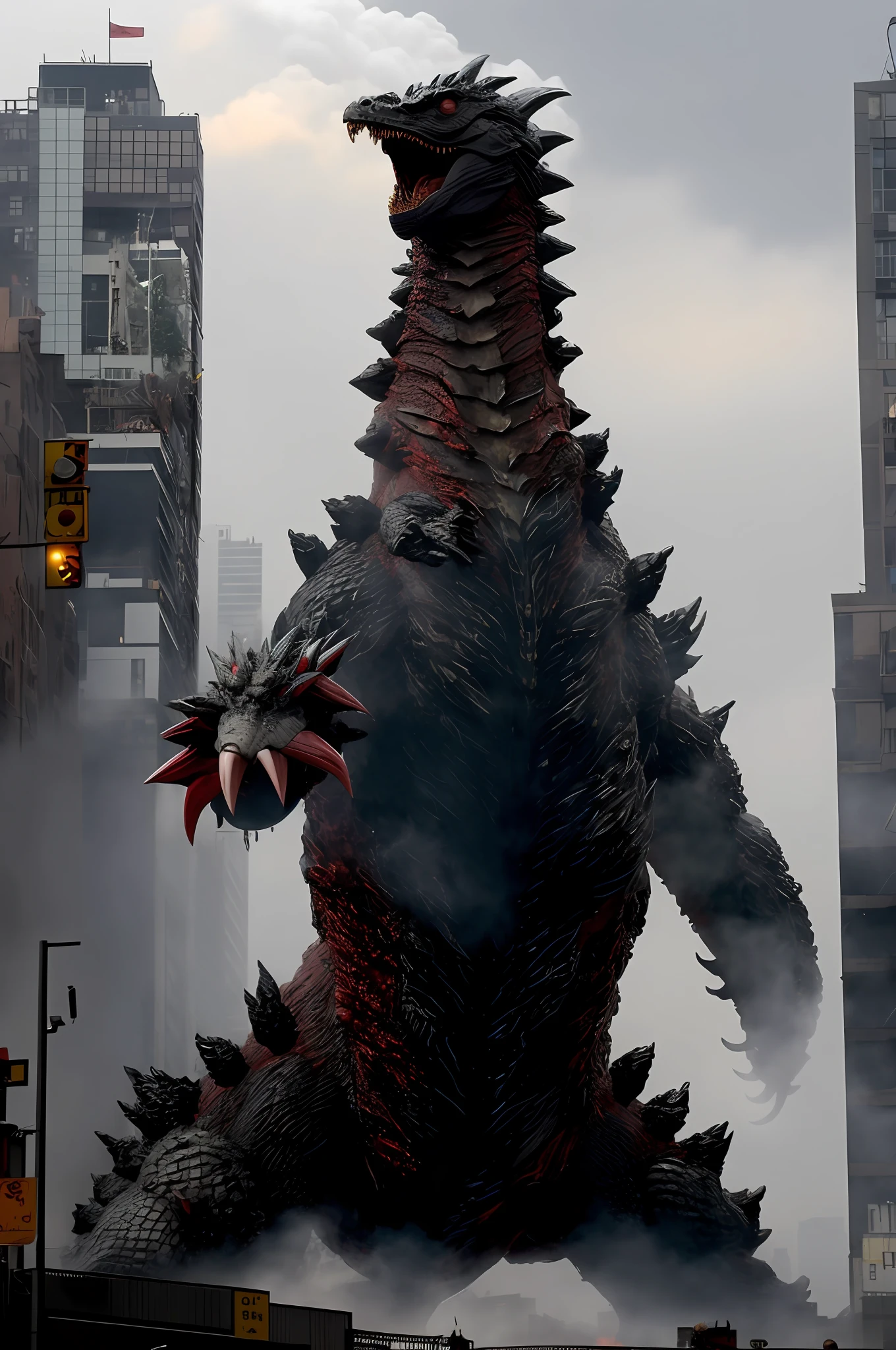 The background is smoke from the collapse of skyscrapers, kaiju towering above new york, Giant mechanical monsters, dragon monsters, manticore, shin godzilla,Mechanical Godzilla, kaiju battle, 《Godzilla》Terex in  (2014), kaiju-eiga, Liam Neeson vs. Godzilla,Stylistic surrealism，The city is chaotic and disorganized，There is a lot of war