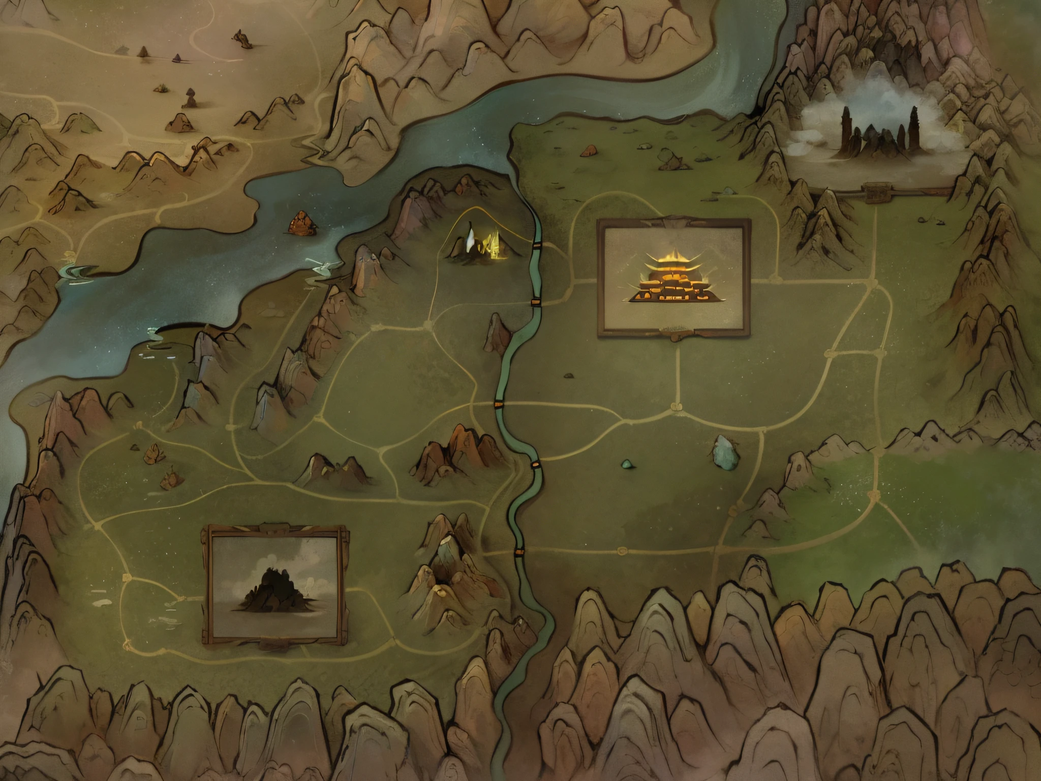 (map), a map of mmorpg game, ((detailed)), ultra realistic 8k cg, hdr, beautiful detailed glow, perfect artwork, , masterpiece, detailed, more colorful, (map), a map of rpg game, detailed, moutains, rivers, auspicious clouds, masterpieces, holding, super detail, epic composition, ultra HD, high quality, extremely detailed, official art, unified 8k wallpaper, Super detail, 32k -- v 6, no sunshine, (straight), ((no squiggles)), more art style, super detailed, high quality moutains, detailed moutains