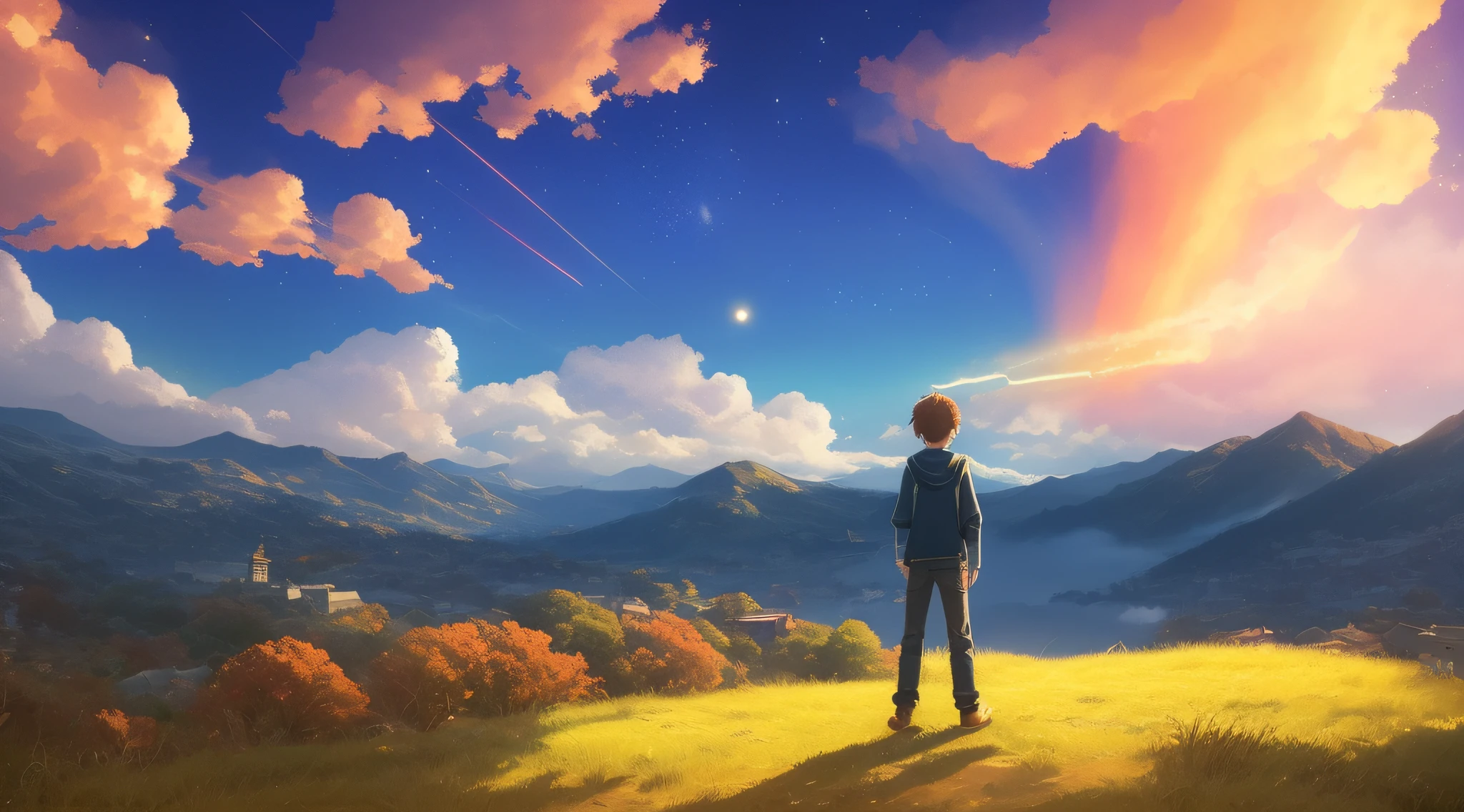 Boy looking at comet in the sky、your name movie style、Your name is、Makoto Shinkai's anime movie screenshots、「Your name is。」Style、Makoto Shinkai、highly resolution、Beautiful shades、Fantastic、A comet flying in a sea of clouds、( ( Makoto Shinkai ) )、blue skies、Golden Star、Midnight view、Amazing portrayal of Makoto Shinkai、"strange world"Worldview。
