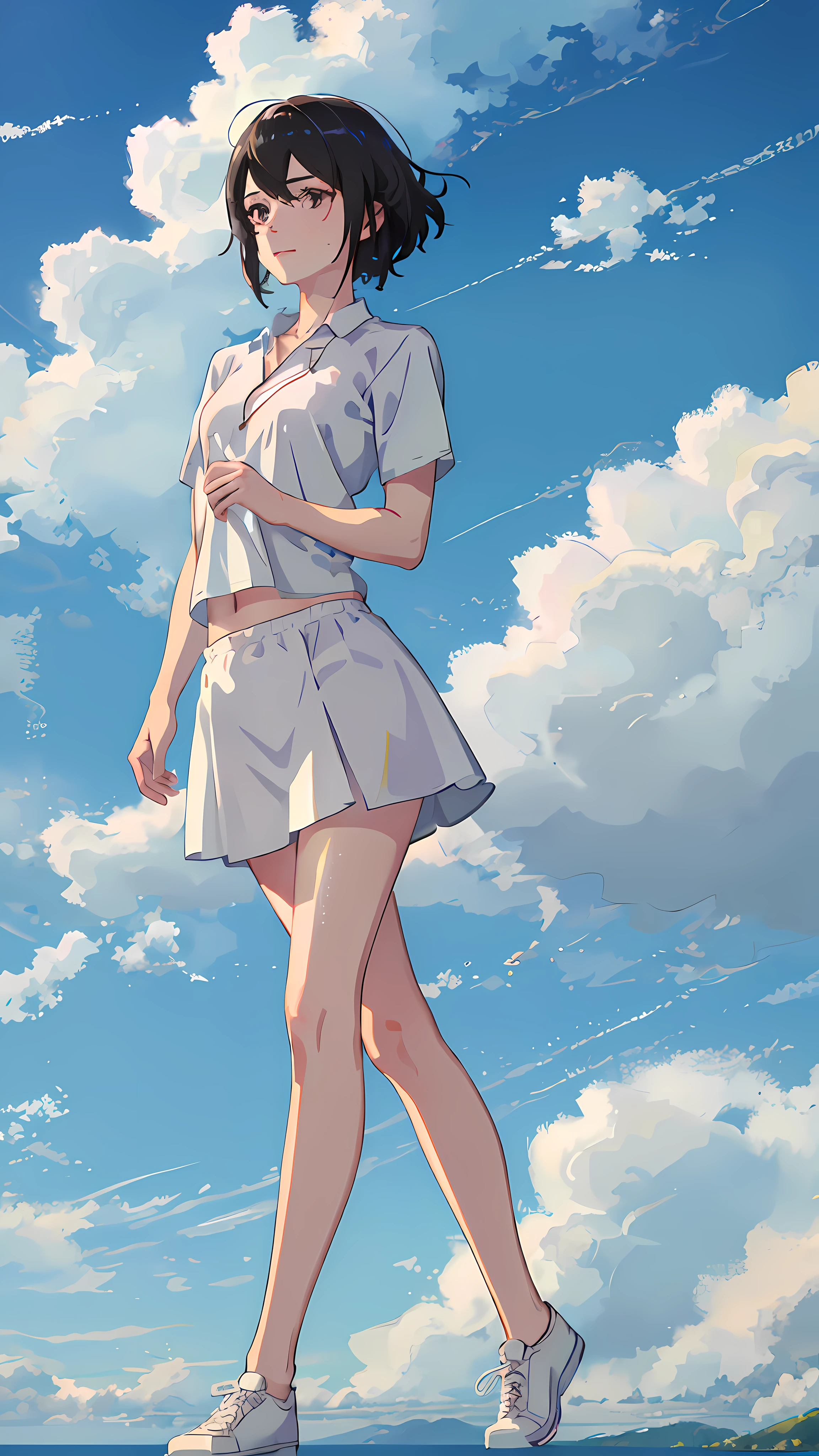 1girls, 独奏, White polo shirt, White sneakers, white mini skirt, 杰作, best possible quality, 逼真, Ultra detailded, (shiny skins, sweats:1.4), absurdly, looking at the spectator, with short black hair, brown-eyed,Slender,Dynamic light and shadow,high resolusion,Sharp focus,deep of field,The eyes are delicate,Sharp pupils,pupil realistic,(little chest:1.6),(thickthighs:1.0),al fresco,skies,Pure,Ancient wind,ultradetail,Dress conservatively