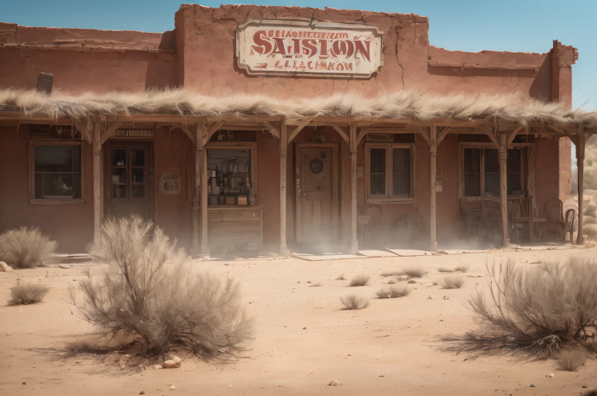 ((photo)), ((best quality)), ((masterpiece)), ((detailed)), ((cinematic shot), ((captured from eye level)), building exterior, an authentic, detailed, classic spaghetti western movie style saloon backdrop, dust storm background, tumble weeds scattered around.