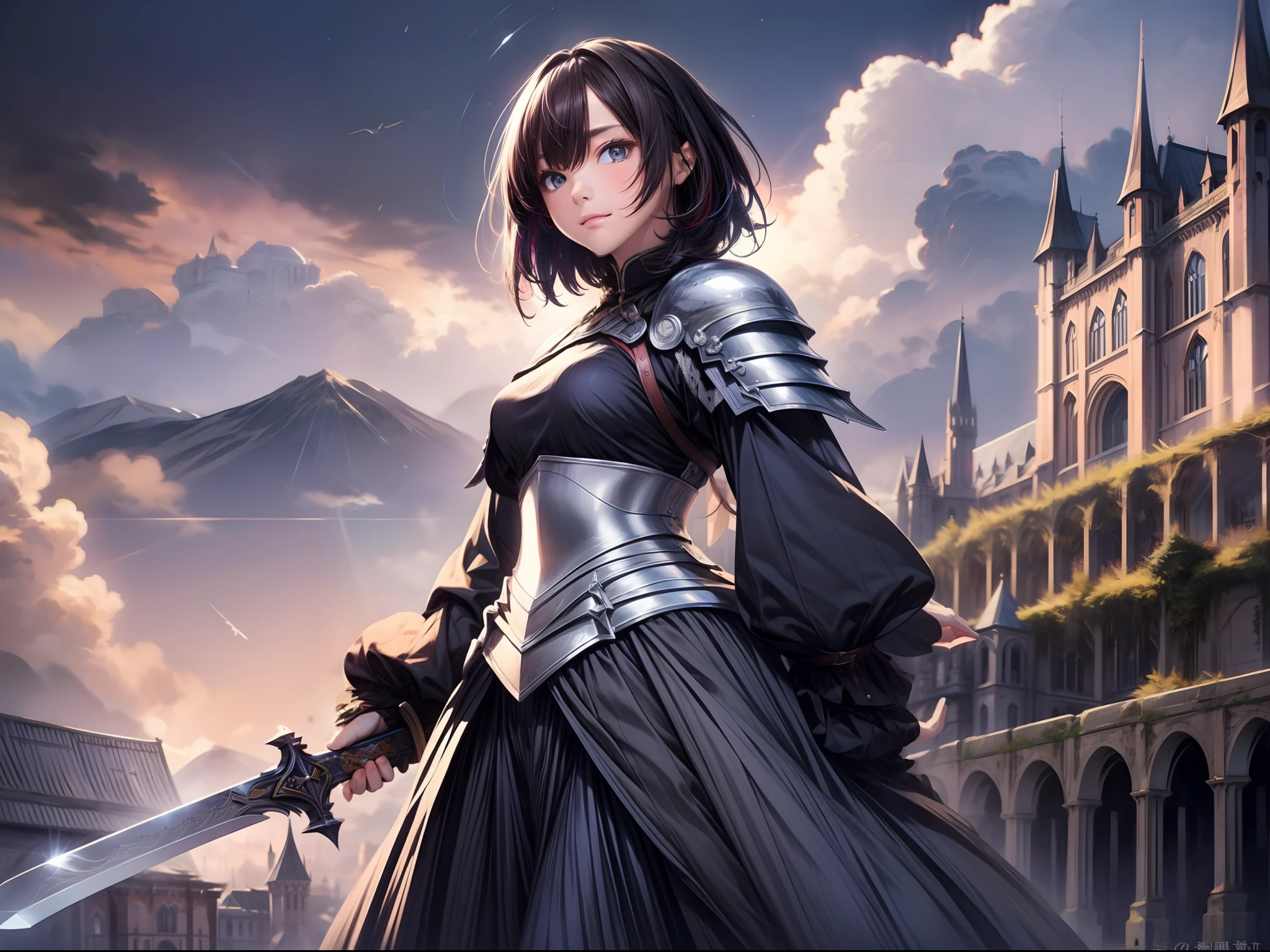(masterspiece)、detailded、8K、((full body pictures))、Girl in female knight's uniform、short dark hair、Colorful inner hair、Realistic and sharp details、with intricate details、Lift the great sword、Stand in front of a huge castle in the West.、To fill in the background、Giant moonlight、Thin clouds、Add a beam of light。