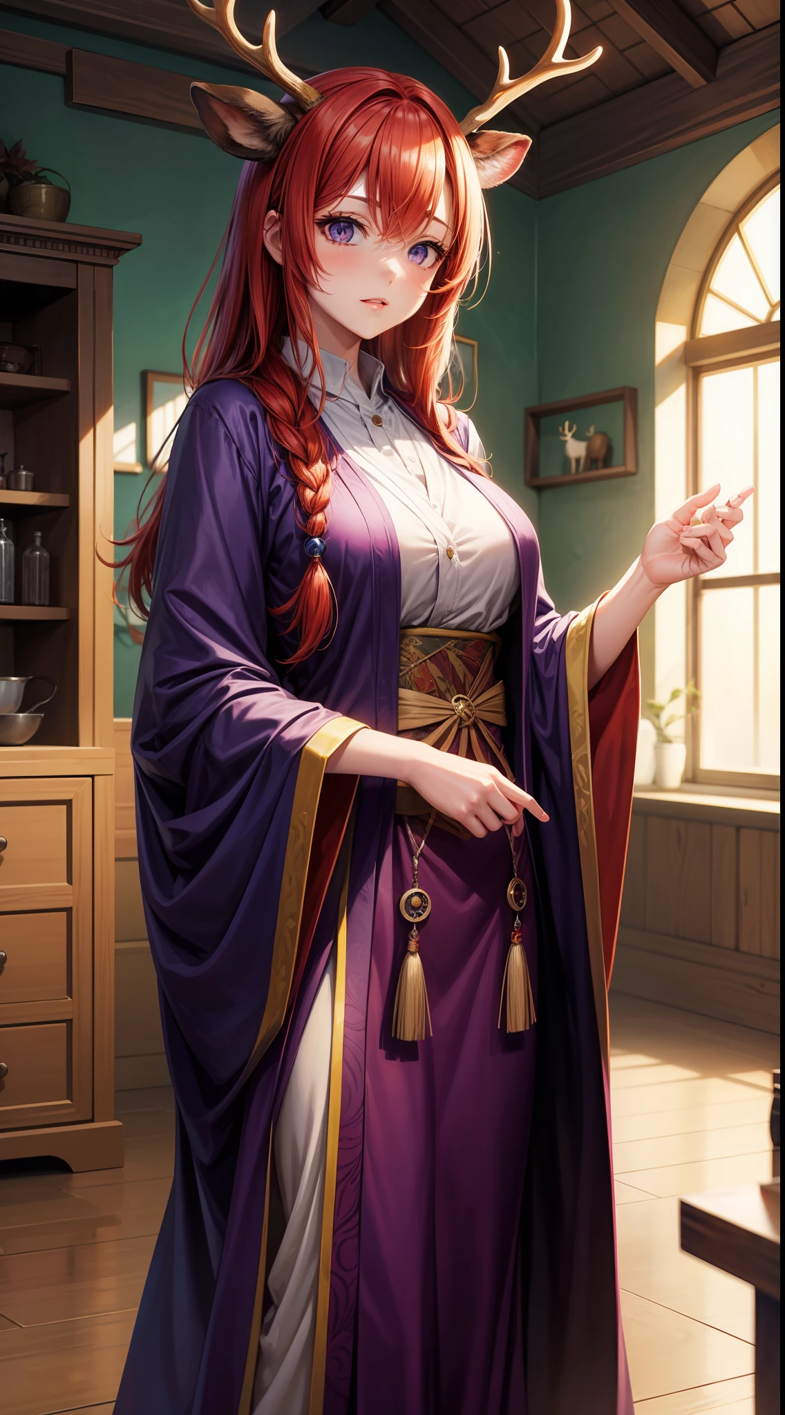 Adult woman, Long fiery red hair with purple ends, purple colored eyes, deer antlers, Herbalist's robe, Masterpiece, hig quality