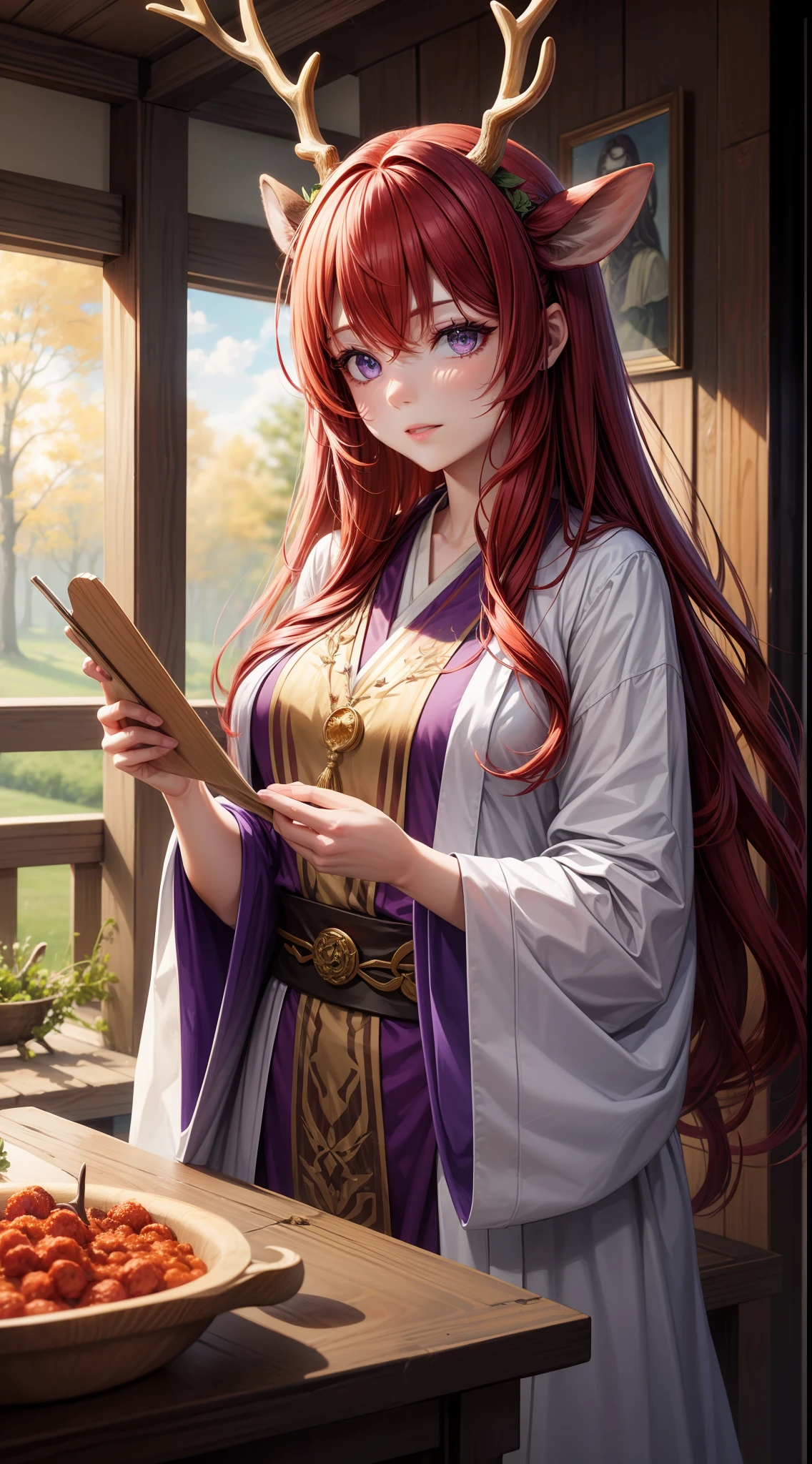 Adult woman, Long fiery red hair with purple ends, purple colored eyes, deer antlers, Herbalist's robe, Masterpiece, hig quality