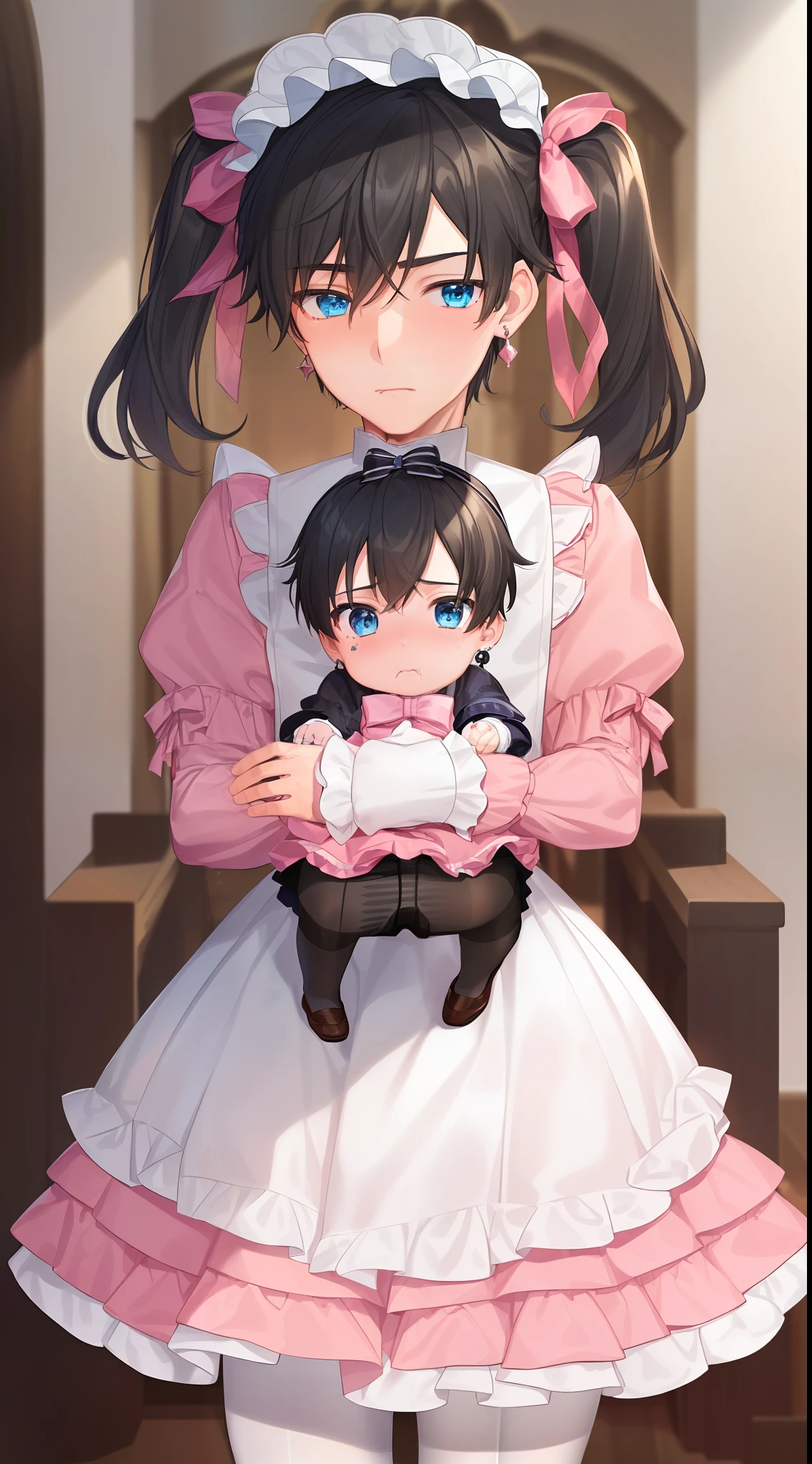 ((((1boys)))),((((Mature male)))),(((Bust))),Sad.(((Male face))),((pov)) ,Black hair,(Blue eyes),(Beautiful detailed eyes),Game CG,品质最佳,officlal art,Extremely detailed CG unity 8k wallpaper,ribbon,twintail,Earrings, Hair bow,((((pink Lolita))),Holding a baby,(((whitepantyhose))))