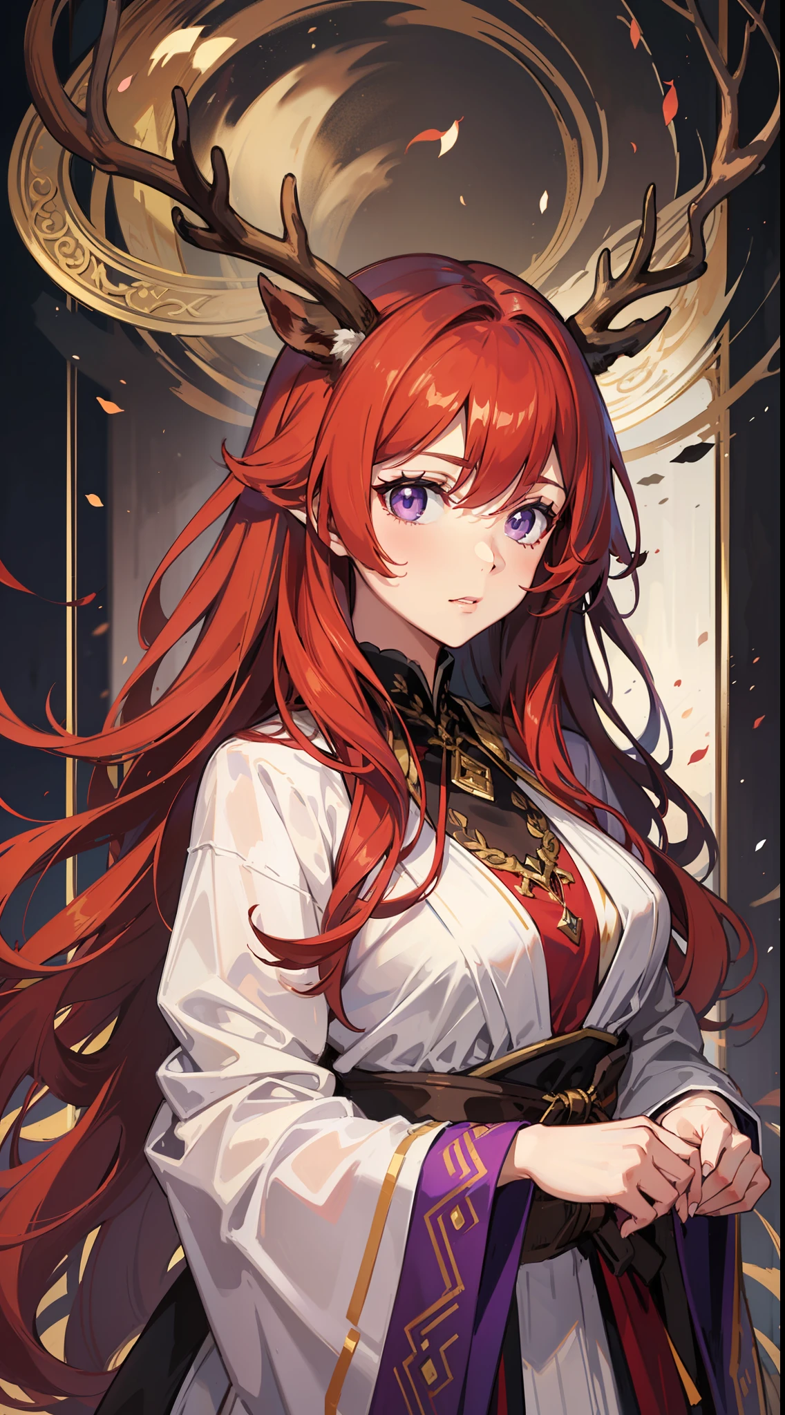 Adult woman, Long fiery red hair with purple ends, purple colored eyes, deer antlers, Herbalist's robe, Masterpiece, hig quality