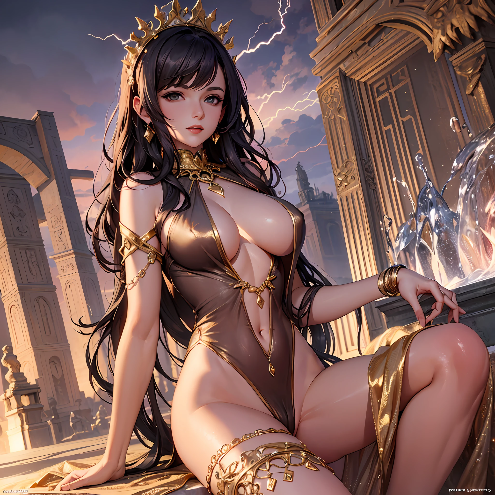 Dejah Thoris, the princess of Mars, poses gracefully in the Martian desert, with ancient pyramids and sunrays behind her. Her eyes, face and skin are exquisitely detailed, reflecting her royal heritage and exotic beauty. Her body is slender and voluptuous, with medium-sized breasts and thighs that allure the viewer. She wears a golden tiara and a halo, indicating her high rank and power. Golden sparks and lightning surround her, contrasting with the reddish sky. She is participating in a holy ritual, but she seems calm and joyful. She wears a sheer silk robe that exposes her body beneath, including her She has black hair with red highlights, large breasts with underboob, and a mix of Deepika Padukone and HoYeon Jung's features. She is talking and smiling with someone unseen, having fun at the celebration. The background shows a realistic castle with shadows and textures. This is a 4K highly detailed digital art, rendered with octane, in 8K resolution. It is a concept art for a fantasy project by Mappa studios, in the style of ligne claire and warm colors. It is a masterpiece of realism and composition, and it is trending on Artstation. It is an official art, an illustration, and a nsfw work.
