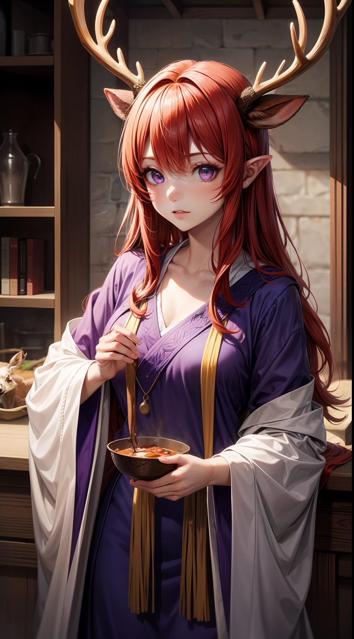 Adult woman, Long fiery red hair with purple ends, purple colored eyes, deer antlers, Herbalist's robe, Masterpiece, hig quality