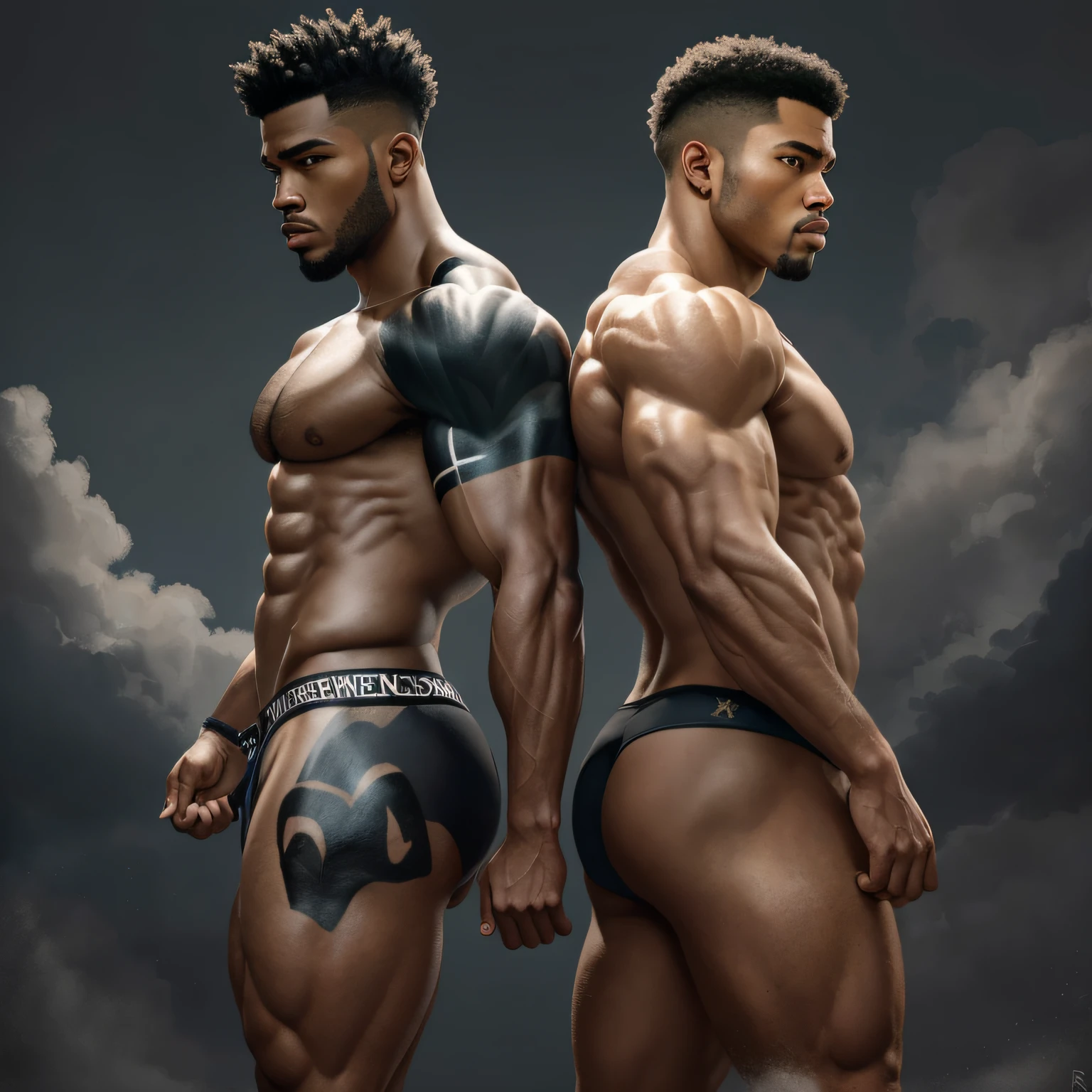 Contemporary painted style depicts two muscular, athletic black handsome men who stand back to back, wearing only jock straps. These warriors, braving the elements with their body paint, have been exquisitely detailed in a painted image that captures their raw physicality, on a plain dark background.