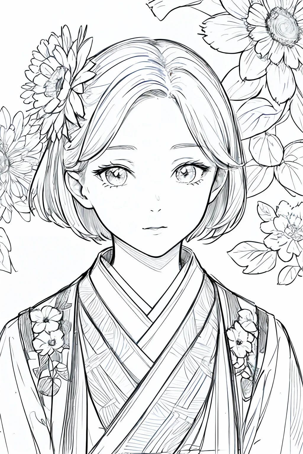 masterpiece, acura, 1girl, solo, hanfu, short hair, close up, flower line drawing background, white background, monochrome, line drawing, ((sketch))