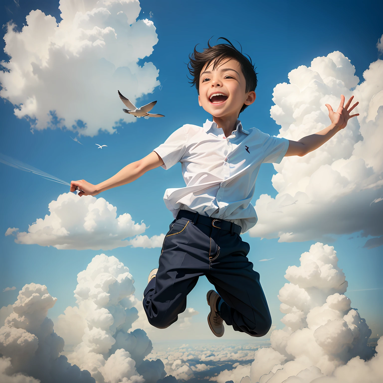 Boy starting to fly in the sky on clouds, expression full of surprise and joy, vast blue sky