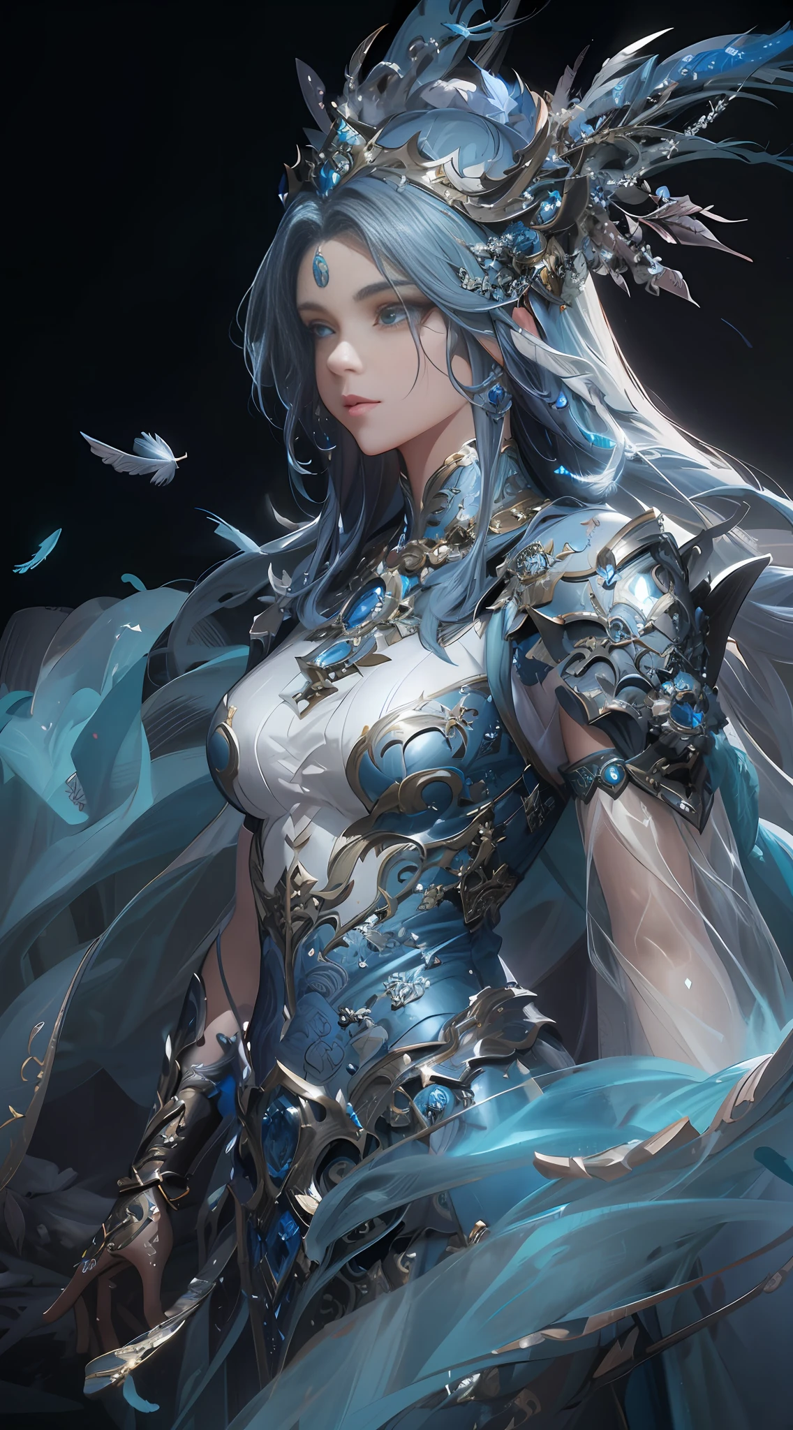 Close-up of a woman in a blue dress,The headdress is feathers, epic exquisite character art, 2. 5 D CGI anime fantasy artwork, detailed fantasy art, Stunning character art, by Yang J, detailed fantasy digital art, chengwei pan on artstation, Beautiful character painting, hyperdetailed fantasy character, Fantasy art style, Beautiful digital artwork