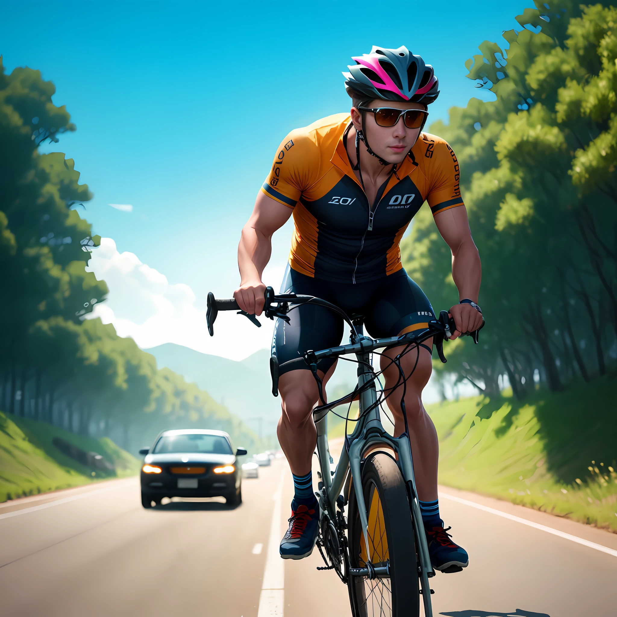 there is a man riding a bike down the road with a car in the background, ciclismo!!, Andar na estrada, andar de bicicleta, cycles4d render, amazing graphics, Andar de bicicleta, sombreamento, 🕹️ 😎 🚬, bicicleta, acabamento, Sombreamento realista, Retrato C 12.0, Awesome