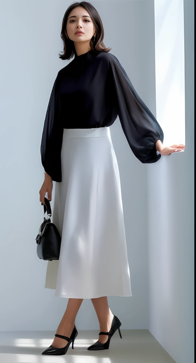 a woman in a black top and white skirt posing for a picture, puff sleeves, graceful and elegant, voluminous sleeves, wearing an elegant outfit, wearing white skirt, dressed in long fluent skirt, wide skirt, functional and elegant look, graceful and elegant, wearing a long flowy fabric, White skirt, slick elegant design, white and black clothing