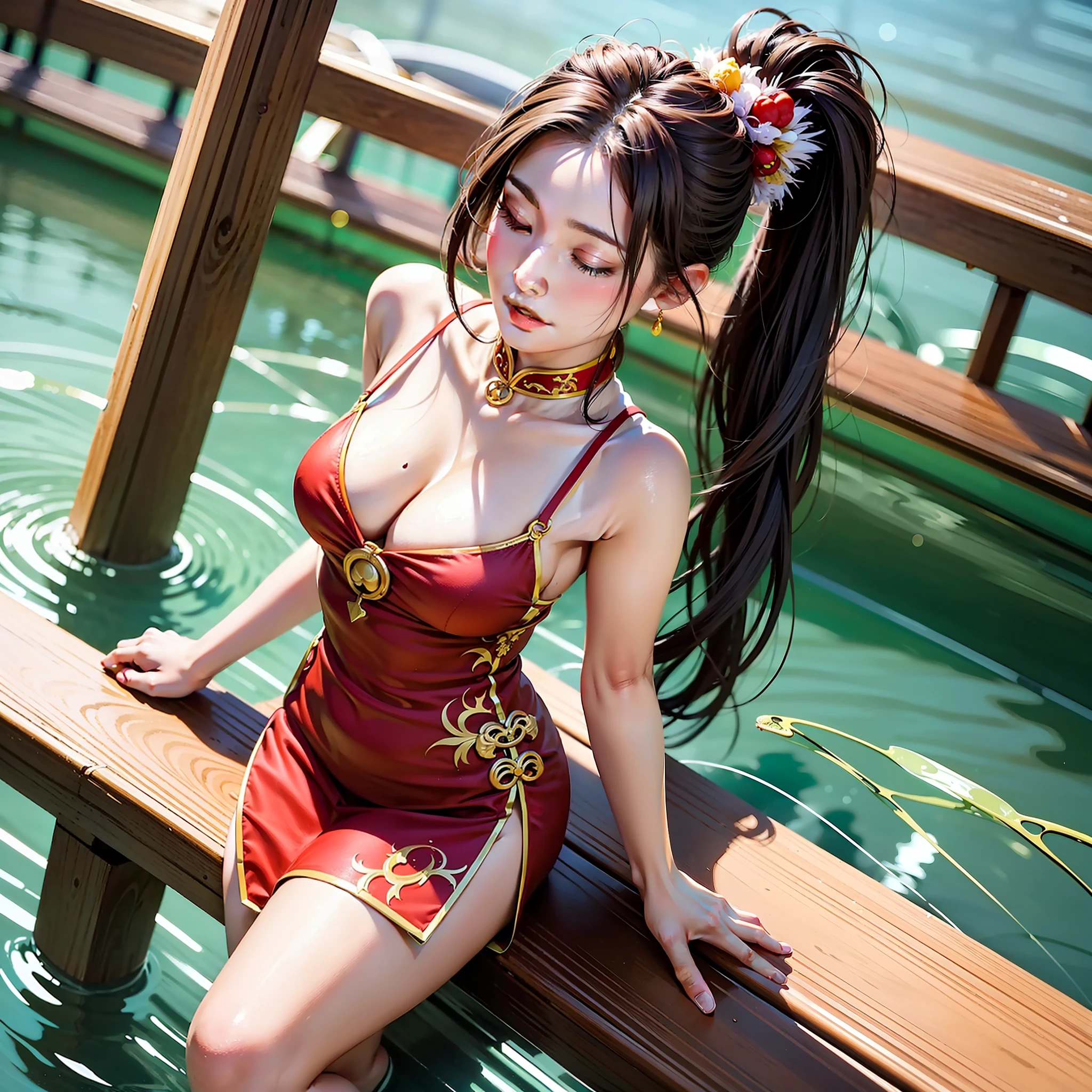 mai shiranui,Like a beautiful fairy in a red cheongsam,The figure is graceful,Attracted everyone's attention。
She boarded a luxurious dragon boat,Traverse the crowd,
Walk gracefully,The gesture exudes confidence and charm。
The red cheongsam clings to her proud figure,
Meticulously outline perfect curves,
Her legs are slender and straight,It's impossible to look away。
I couldn't help but pick up the camera,
Capture every moment of her amazement,
Keep this beauty between the shots。
She took my hand,Take me to the fish pond on the dragon boat,
We held hands and enjoyed the beauty together。
Along the spiral staircase,We came to the top of the boat,
Overlooking everything around。
The sea breeze brushed her long hair,Ponytail flying in the air,
Like a flowing work of art。
Soak up this beautiful view
Hand in hand we reached the first floor of the ship。
She rested on my lap,Gently closed his eyes,Quietly fell asleep