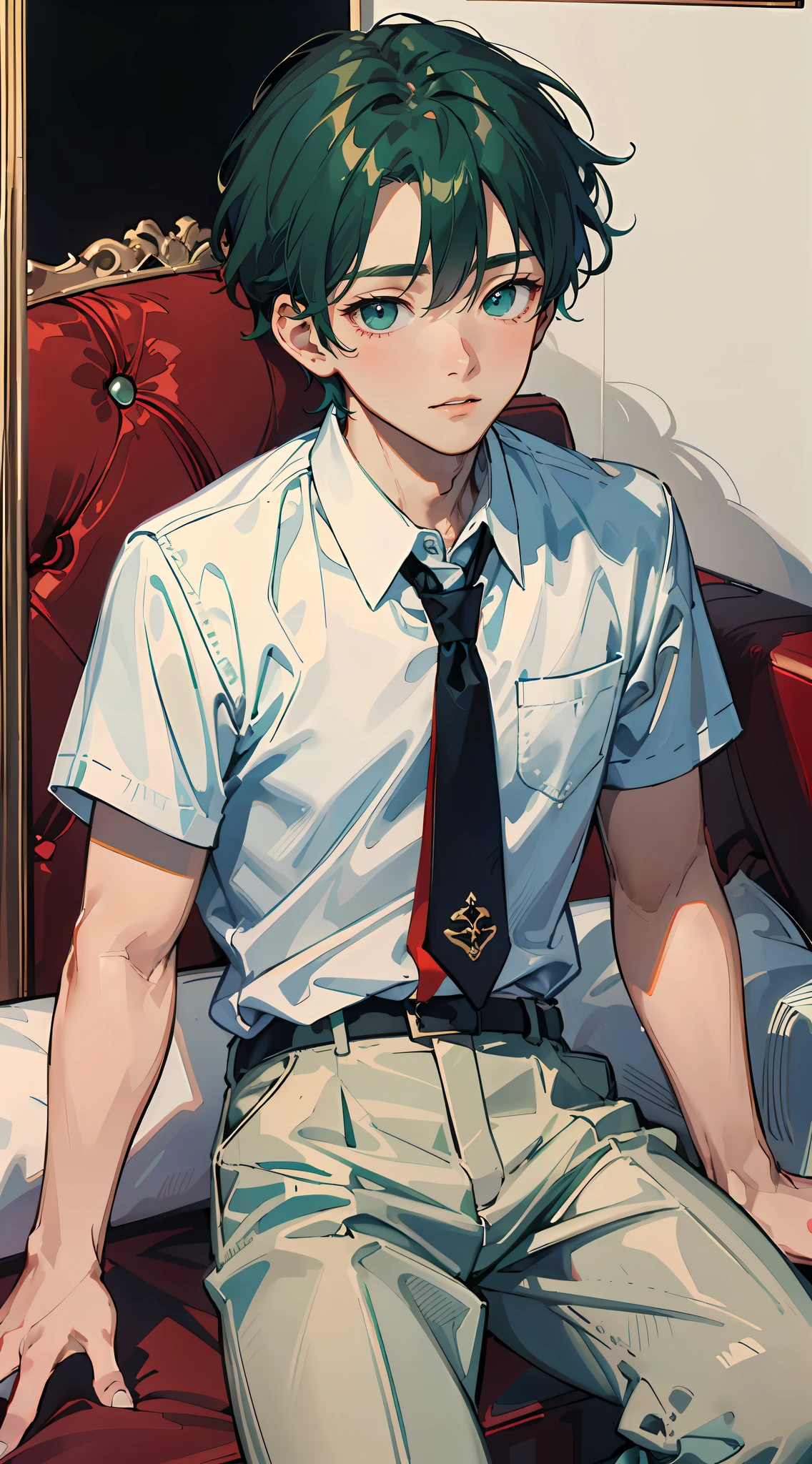 Master Masterpiece、beste Quality、8K、16 years old male、Short green hair and big eyes、Cute face、White shirt and dark gray pants、red necktie、Sit on the sofa