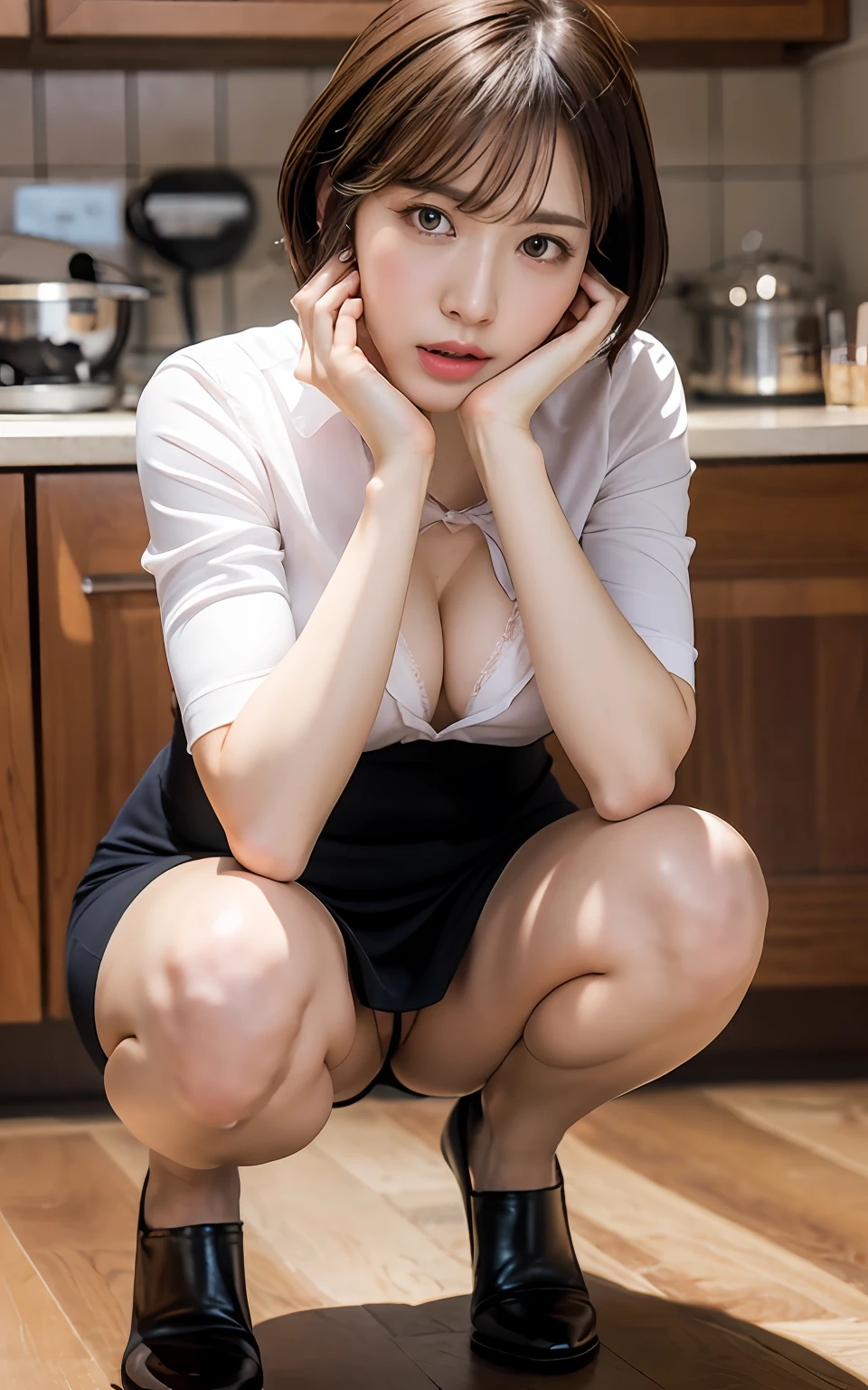 Highly detailed CG Unity 8k wallpaper, top quality, super detailed, masterpiece, realistic, photorealistic, highly detailed cute girl, 25 years old, (secretary), blush, parted lips, round eyes, medium breasts, viewer, half body shot , collared shirt , pencil Skirt , kitchenette , crowd , squat , (showing panties) , short hair