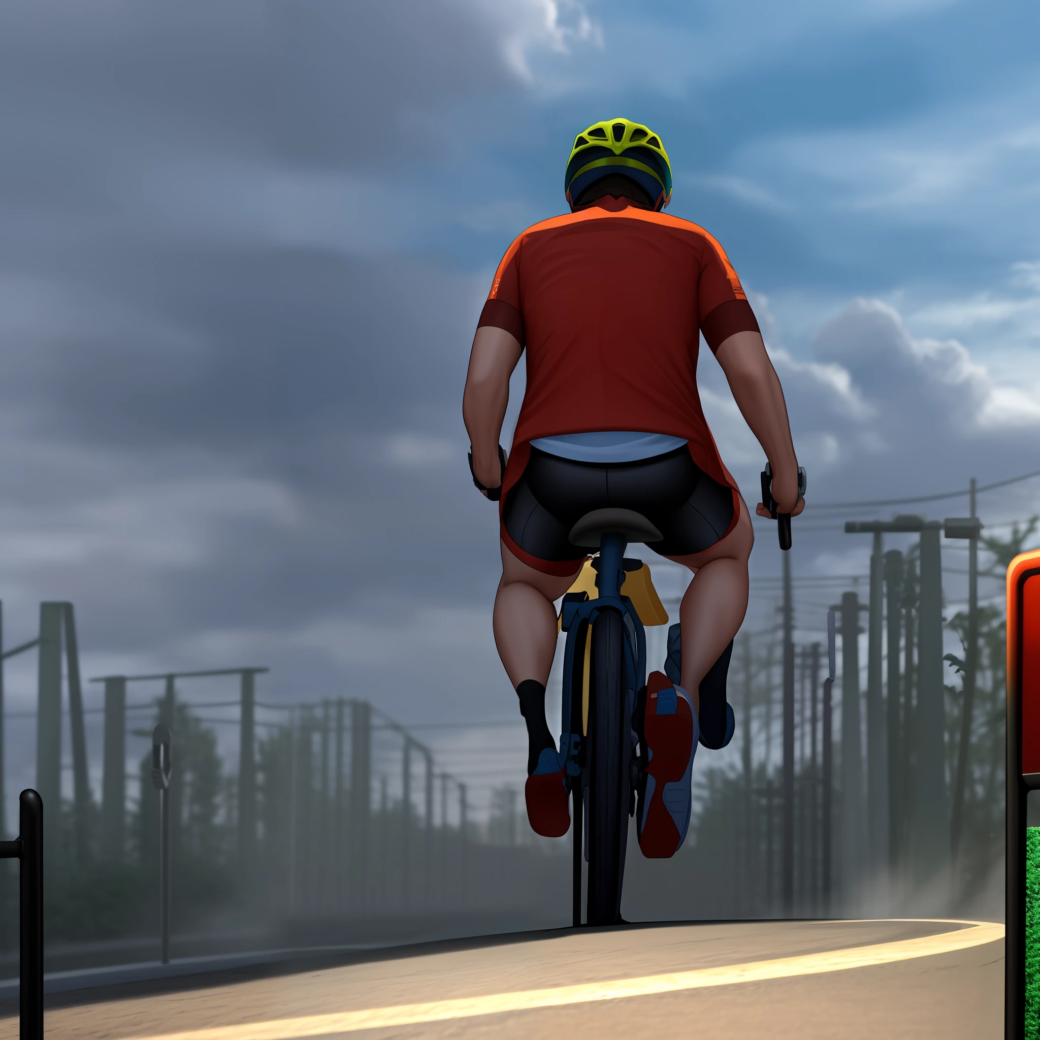 there is a man riding a bike down a road with trees, Rendering cycles4d, cycles 3 d render, ciclismo!!, ciclos4d, cycle render, amazing graphics, spear, perfectly sharp finish Portrait C 1 2. 0, Retrato C 12.0, 🚿🗝📝, illustation!, Andar na estrada, rodovia federal, auto estrada deserta