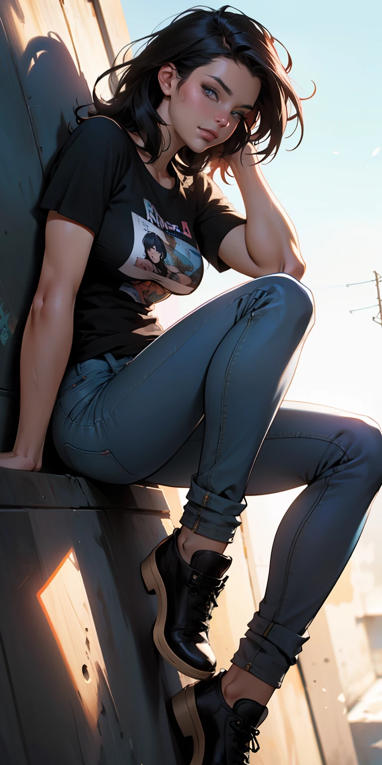 , (beautiful and clear background:1.2),, fantastic paintings ,graffit style, olhos altamente detalhados , a white t-shirt or tatoon stamp ,  ultra detailed hair, masterpiece, best quality, high quality, highres, detail enhancement, ((most beautiful image in the world)), masterpiece, best quality, high quality, highres, detail enhancement, ((most beautiful image )),with short, shiny black hair,  t-shirt, wearing jeans,, art by stjepan sejic, art by j scott campbell, art by guillem march, art by citemer liu, 4k, high resolution, comic book character, comic, high quality detailed,   style ::2.0 comix illustration style,tatoon style, high quality, highres, detail enhancement, 8k, hd, best quality, high quality, highres, detail enhancement, 8k, hdr, sharp focus, ultra detailed, perfect lighting